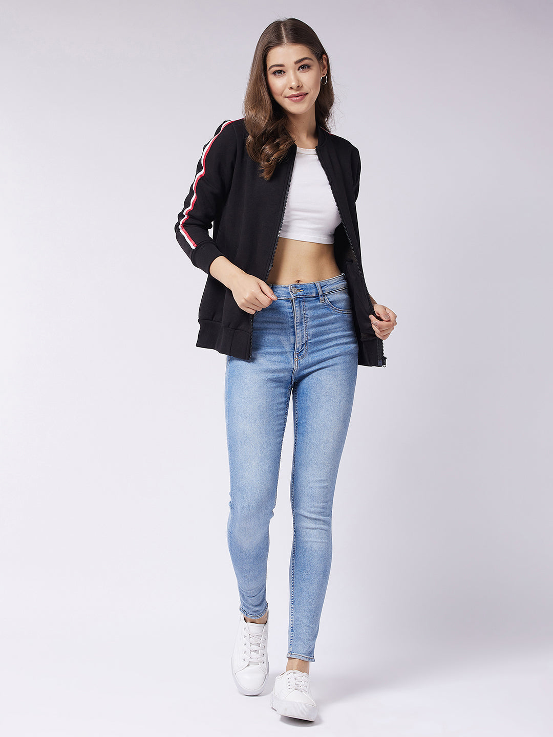 Black V-Neck Full Sleeve Solid Bomber RegularJacket for Women — Miss Chase