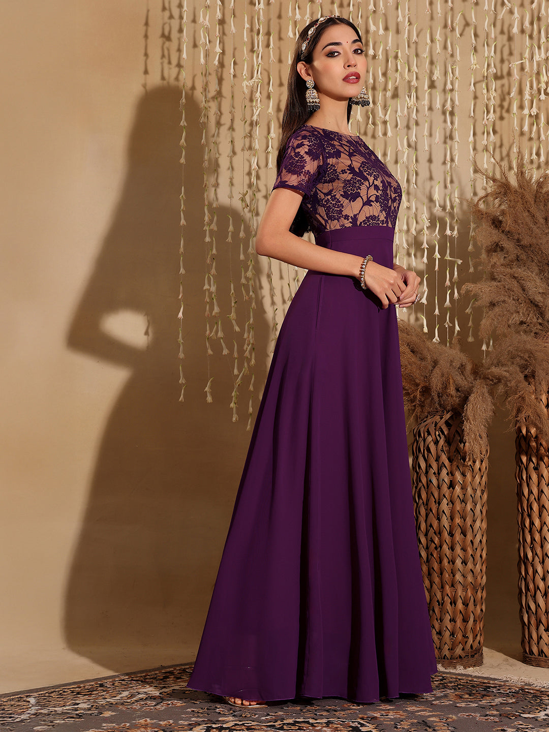 Women's Dark Purple Round Neck Half Sleeve Self Design Fit & Flare Georgette Maxi Dress