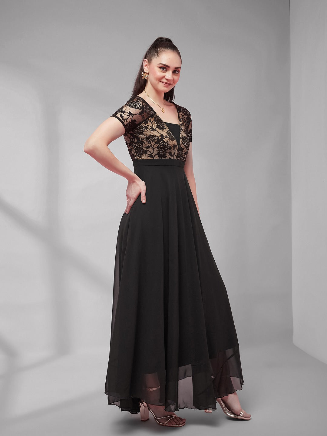 Black Square Neck Raglan Short Sleeve Self Design Lace Overlaid Georgette Maxi Dress for Women