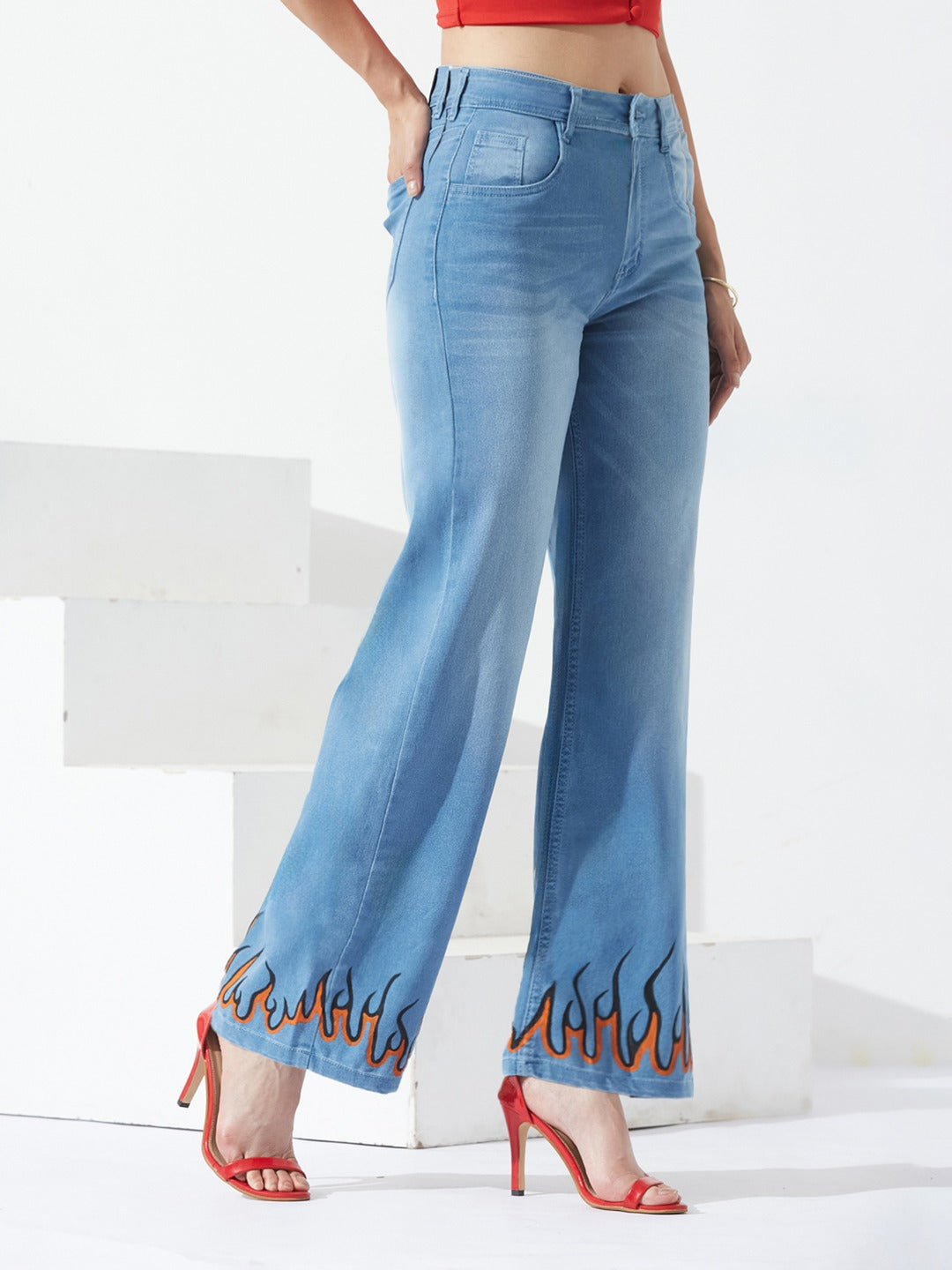 Light Blue Straight Fit Mid Rise Hand Painted Stretchable Denim Jeans for Women