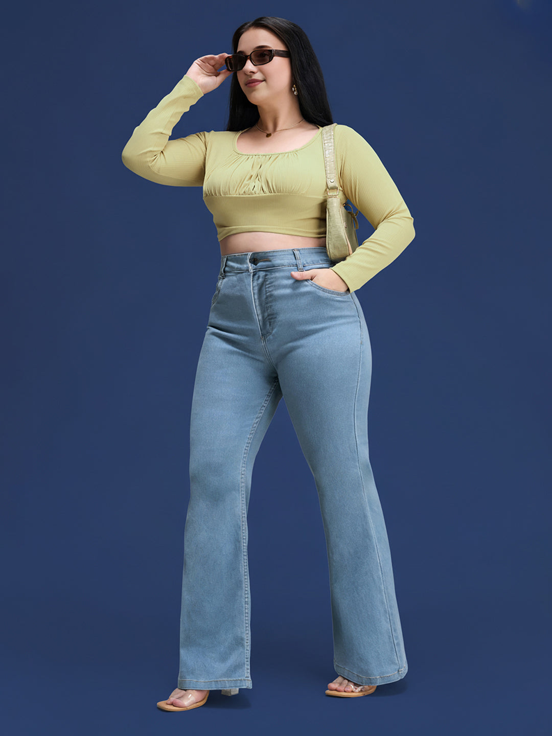 Light Blue Bootcut High rise Regular Stretchable Denim Jeans for Women