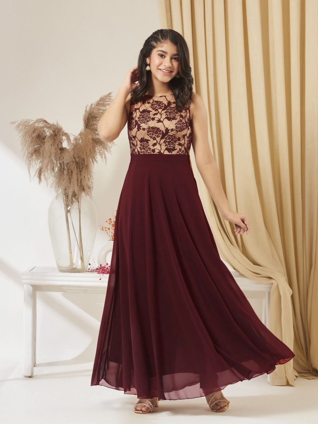 Beige & Wine Round Neck Sleeveless Georgette Floral Lace Fit & Flare Maxi Dress for Girls/Teenagers