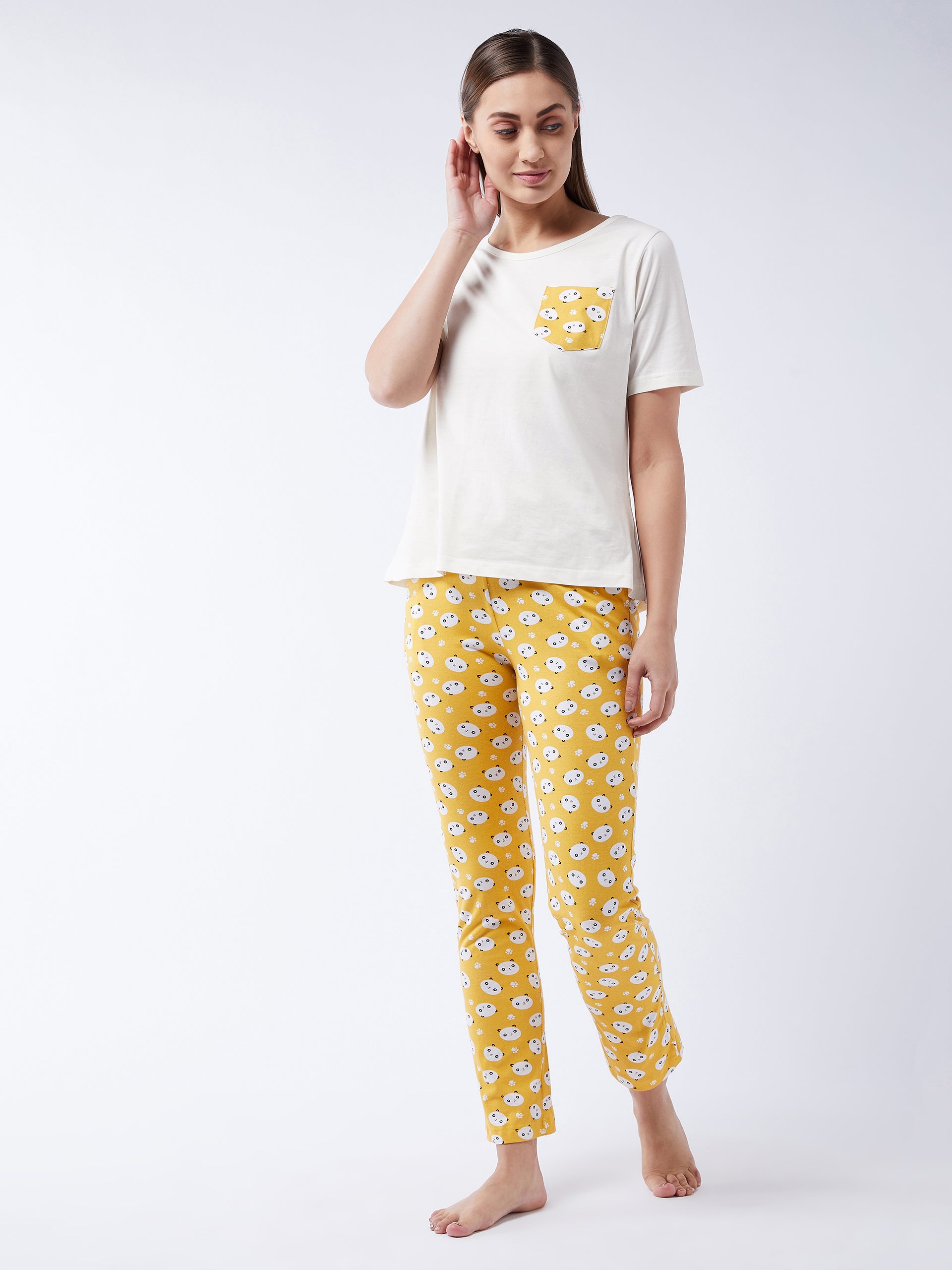 Women's White and Mustard Round Neck Short Sleeves Printed Regular length Top and Pyjama Set