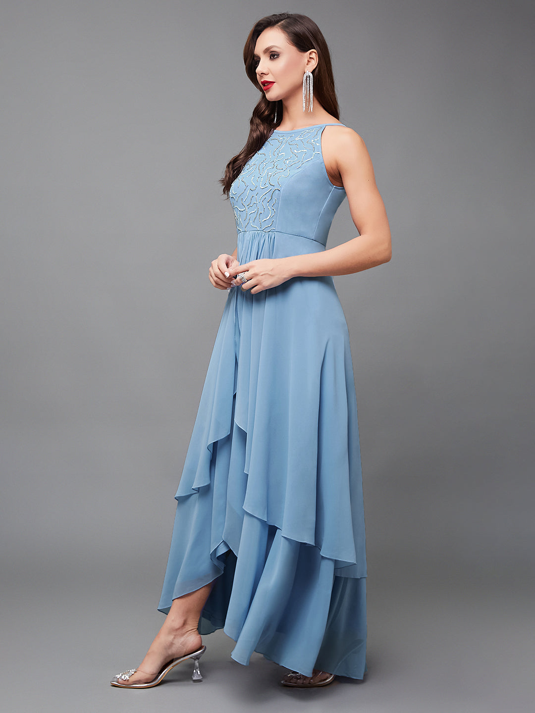 Women's Powder Blue Halter-Neck Sleeveless Embroidered Layered Georgette Maxi Dress