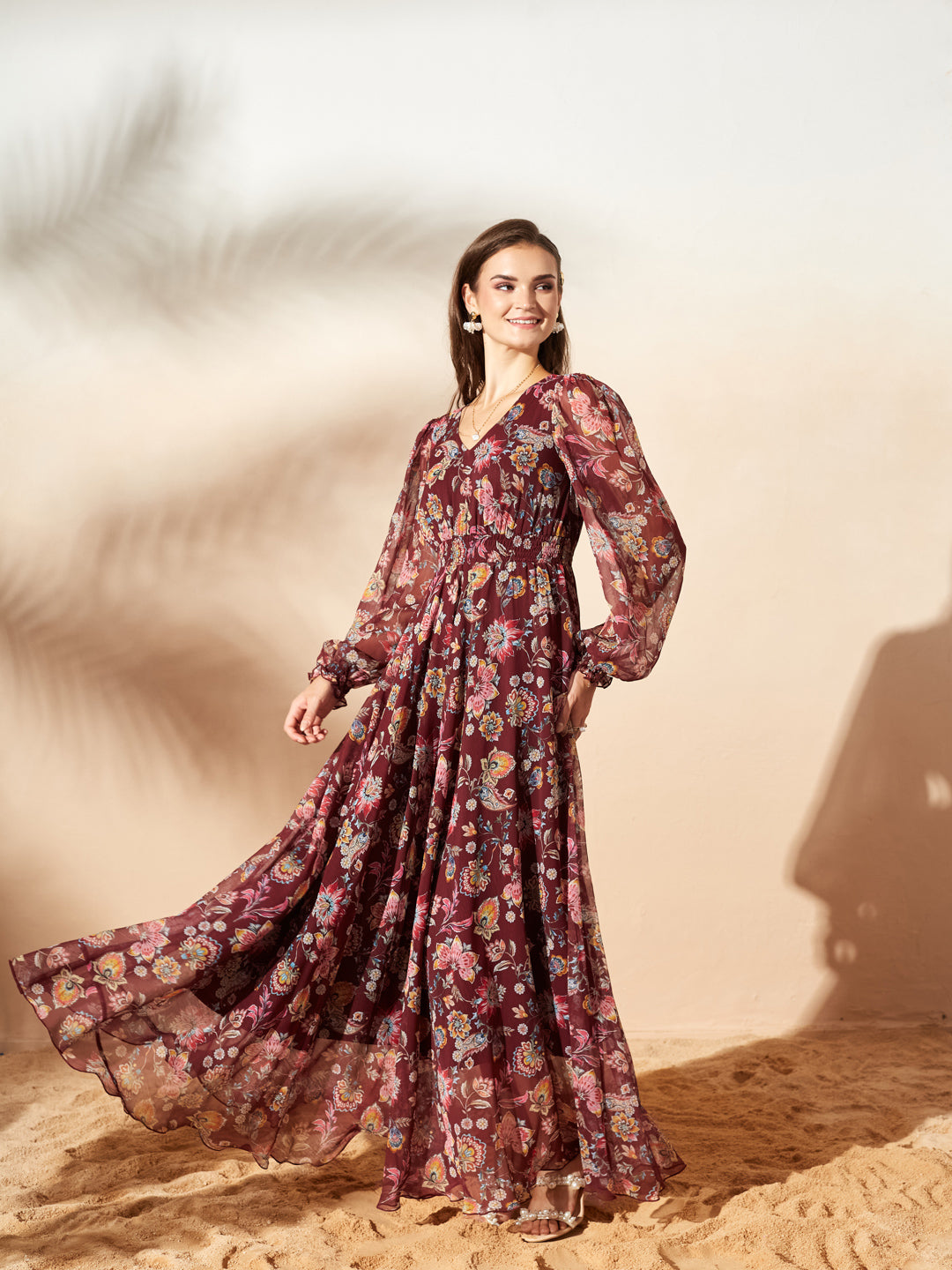Burgundy Multicoloured Full Sleeves Floral Printed Fit and Flare Dress for Women