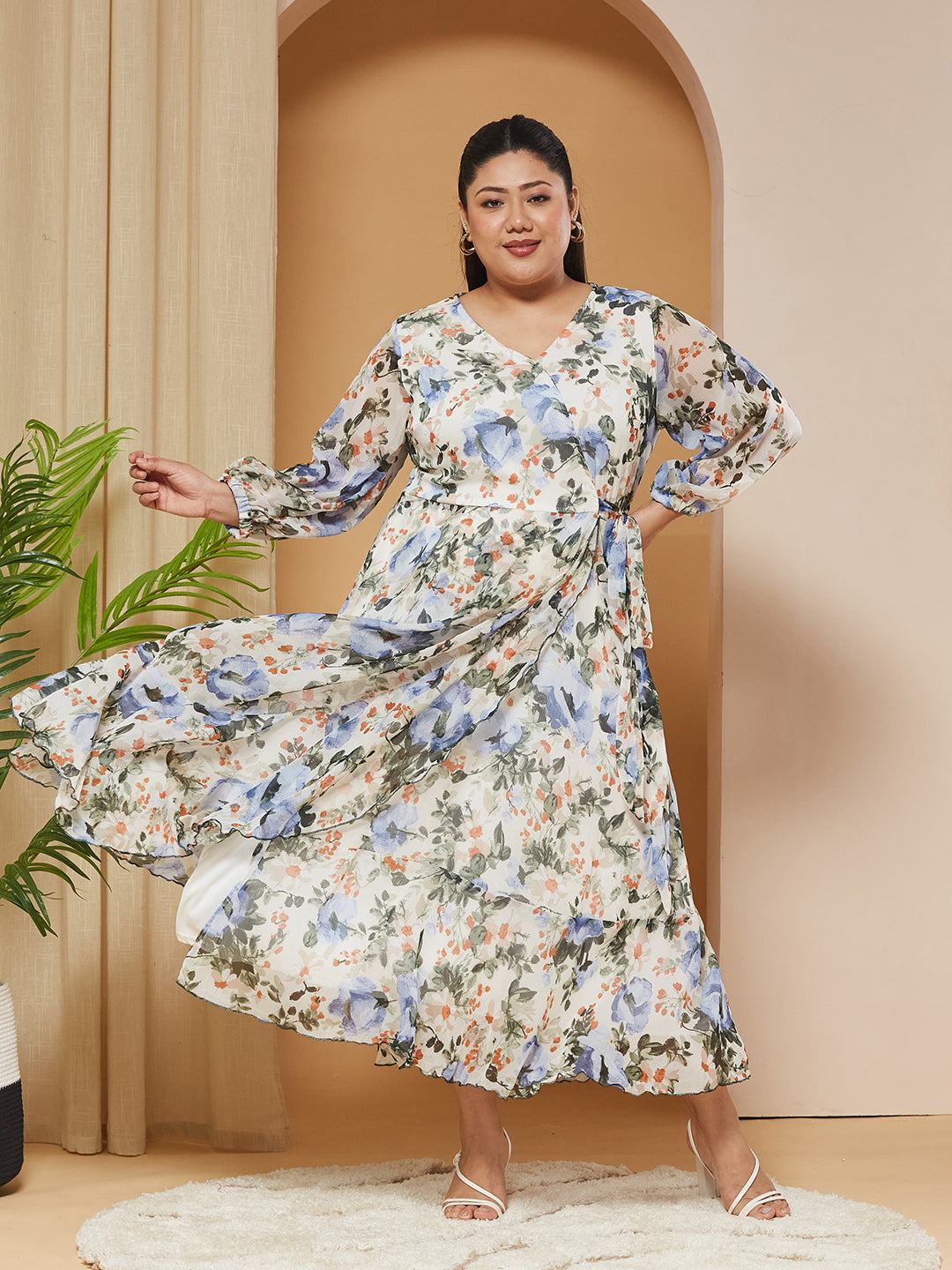 Multicolored-Base-Off White V-Neck Three-Quarter-Sleeves Floral Wrap Chiffon Midi Dress for Women