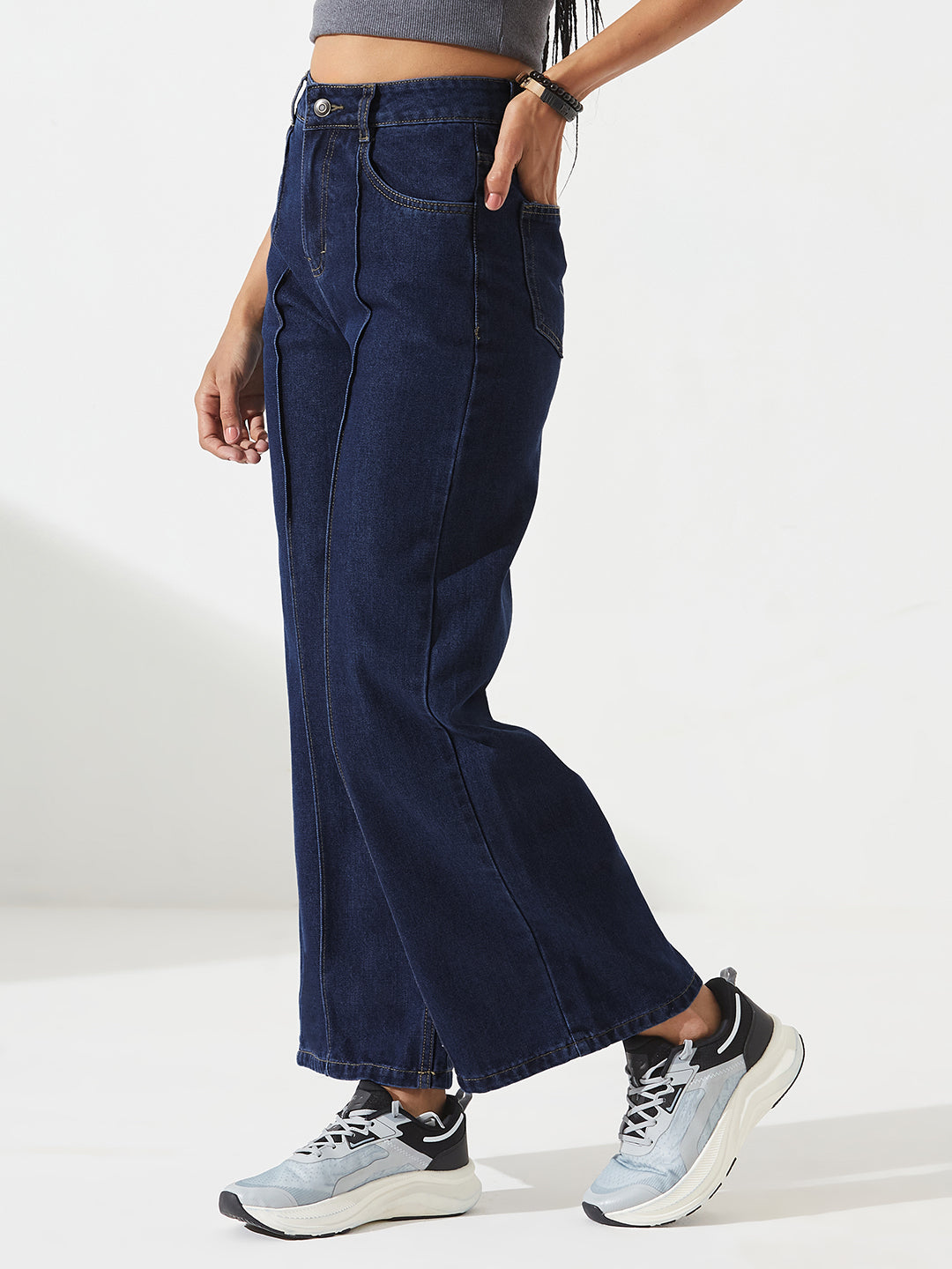 Navy Blue Wide-Leg High-Rise Non-stretchable Denim Jeans For Women