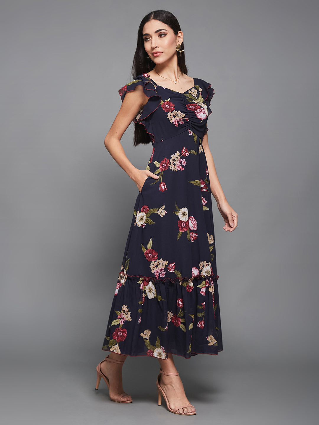 Multicolored Base Navy Blue Georgette Floral Maxi Ruching Dress