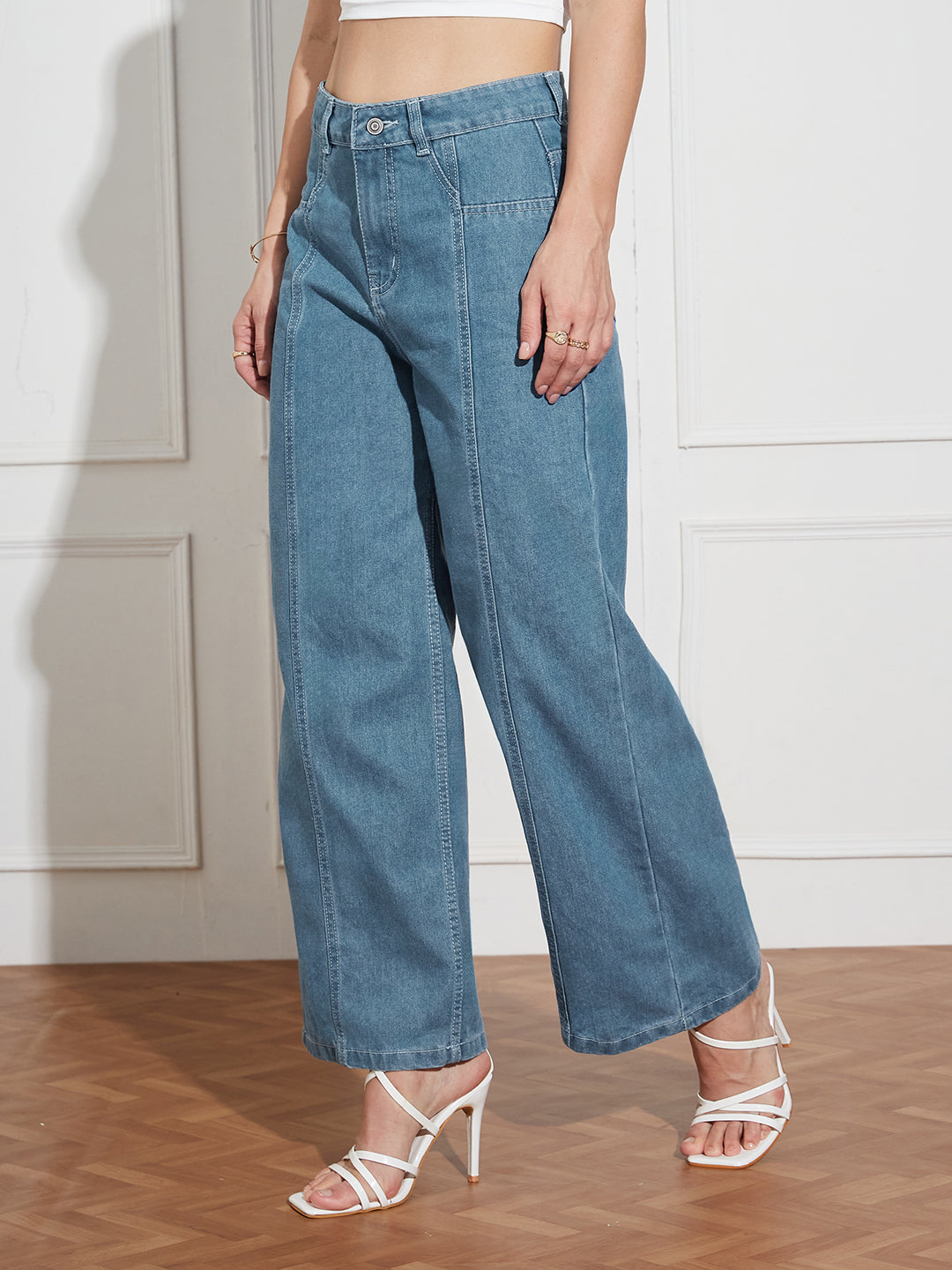 Women's Blue Wide-Leg High-Rise Clean-Look Regular-Length Denim Jeans