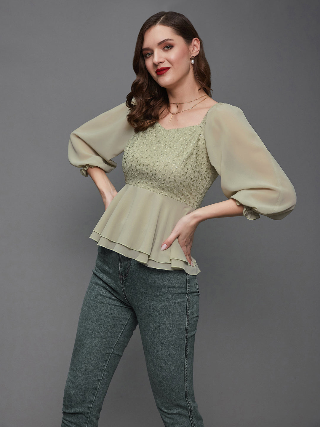 Women's Dusty Green Sweetheart Neck Bishop Sleeve Embellished Peplum Georgette Regular Length Top