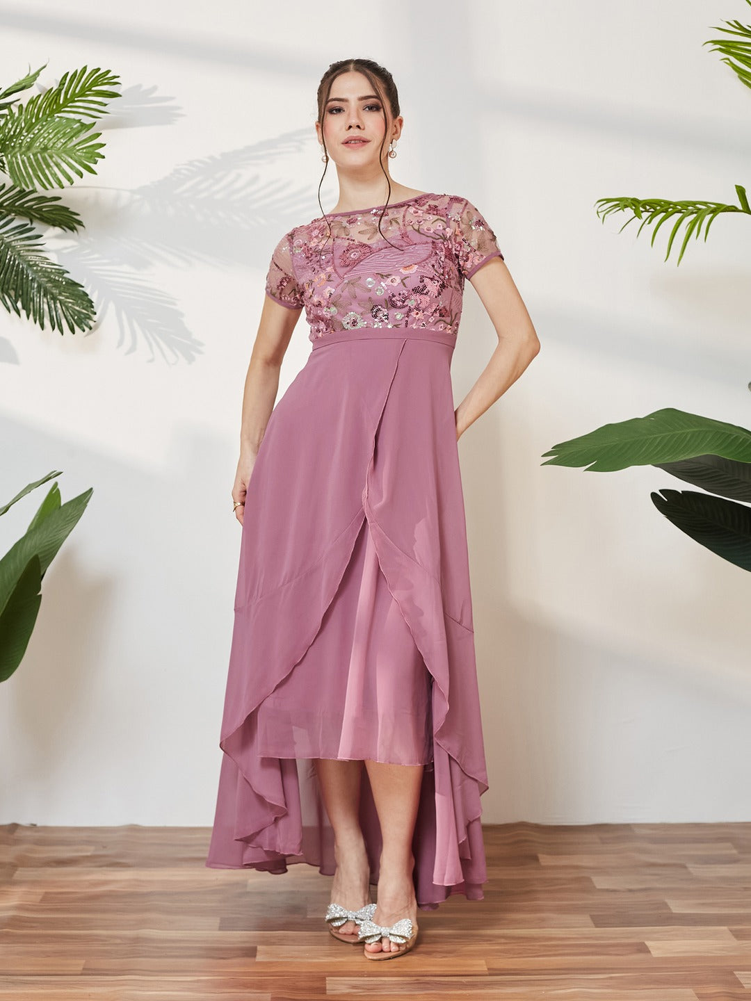 Dusty Lavender Round Neck Short Sleeve Floral Layered Georgette Midi Dress for Women