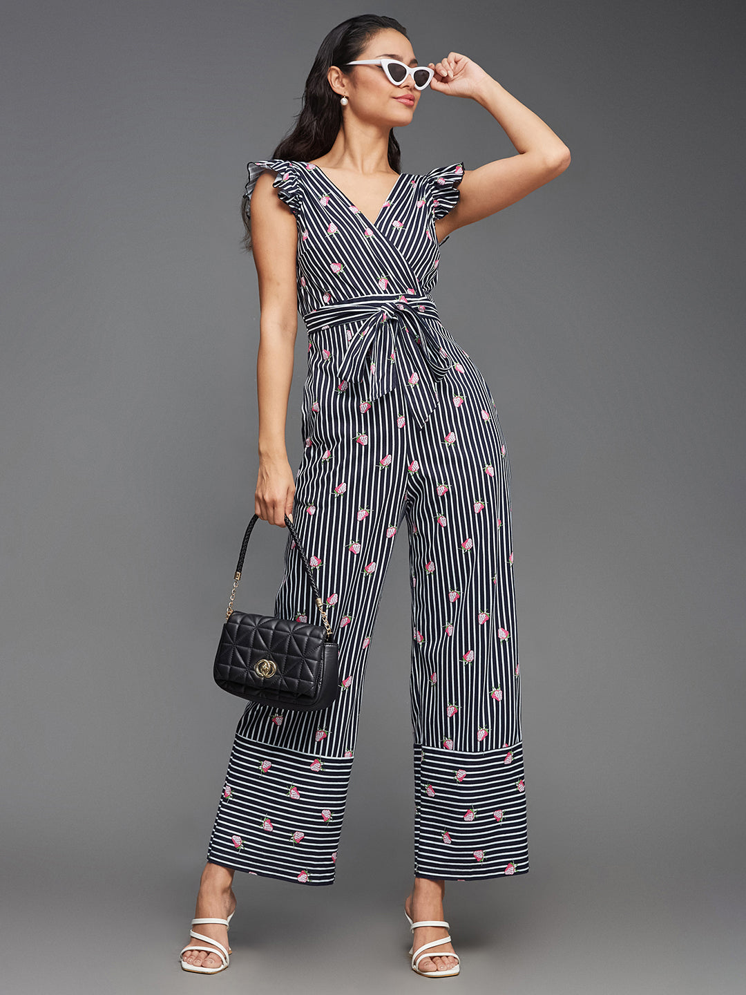 Women's Multicolored-Base-Navy V-Neck Cap Sleeve Striped Waist Tie-Up Pure Cotton Regular-Length Jumpsuit