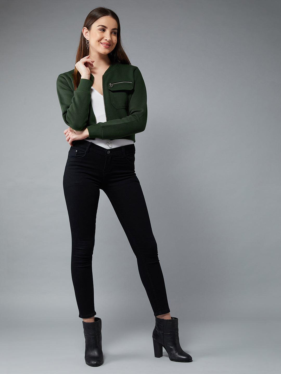 Women's Green Stand Collar Full Sleeves Cotton Boxy/Bomber Cropped Jacket