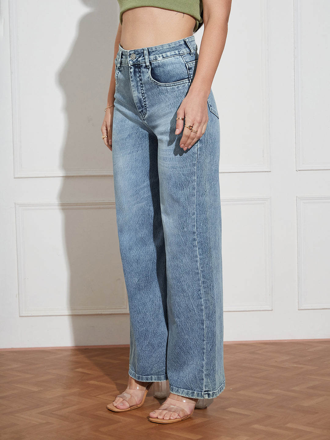 Women's Light Blue High Rise Clean Look Regular-Length Stretchable Denim Wide Leg Shaping Jeans