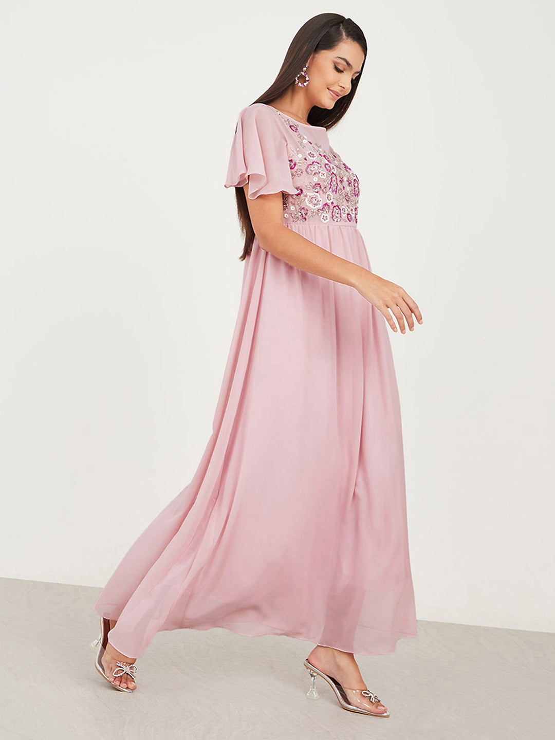 Women's Blush Pink Embellished Gathered Maxi Dress