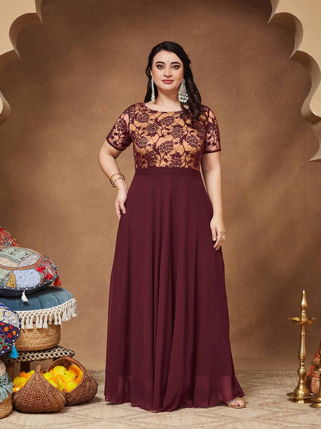 Wine & Beige Relaxed Fit Regular Georgette Dress for Women