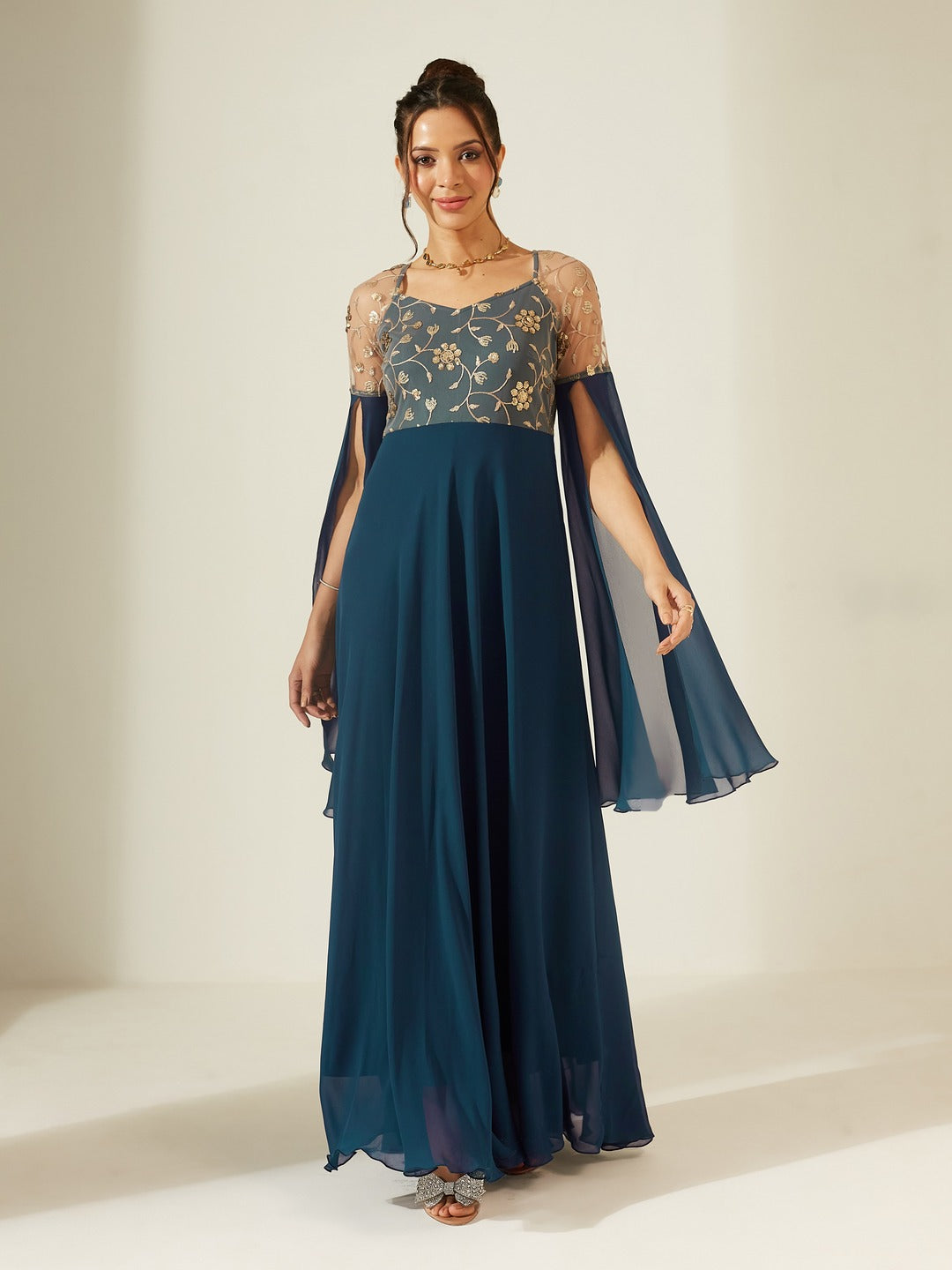 Teal V-Neck Full Sleeve Embroidered Fit & Flare Georgette Maxi Dress for Women