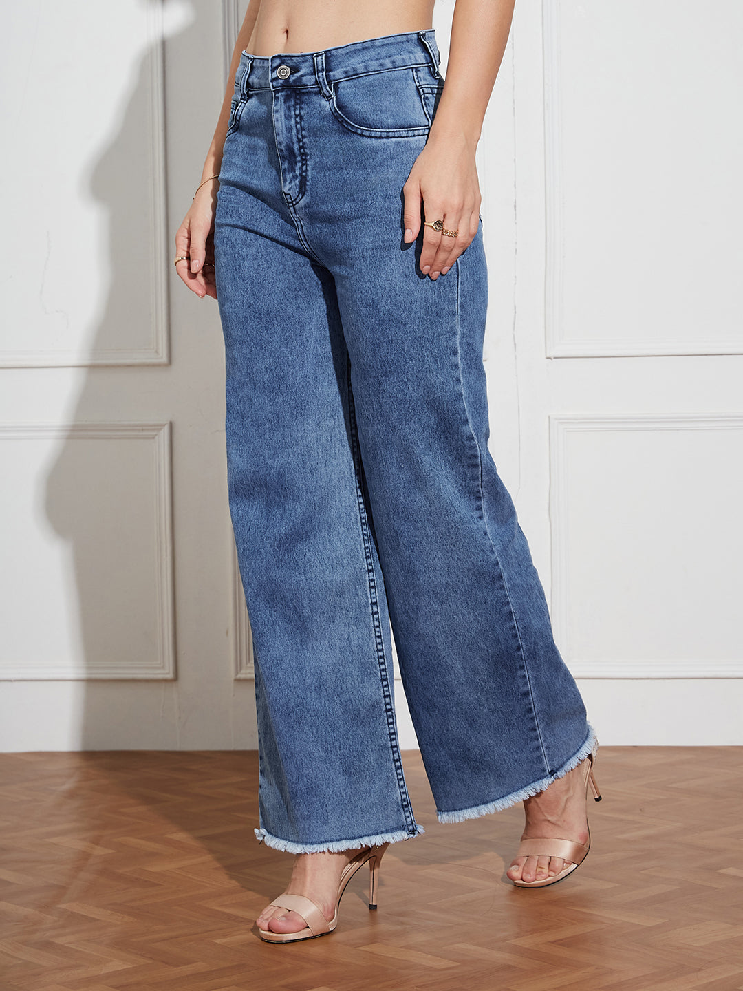 Women's Mid-Blue Wide-Leg High Rise Regular-Length Stretchable Denim Jeans