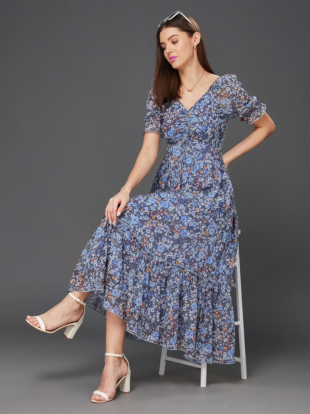 Women's Multicolored-Base-Navy Blue V-Neck Puff Sleeve Floral Ruching Ankle-Length Dress