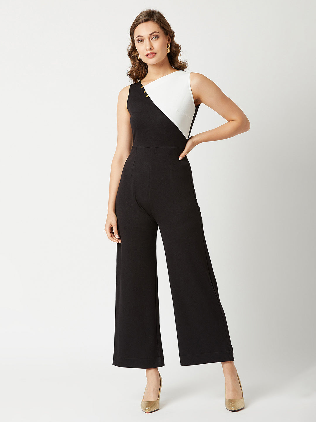 Crease Ease Women's Off-White & Black Asymmetric Sleeveless Polyknitted Solid Color-Block/Paneled Regular Length Jumpsuit