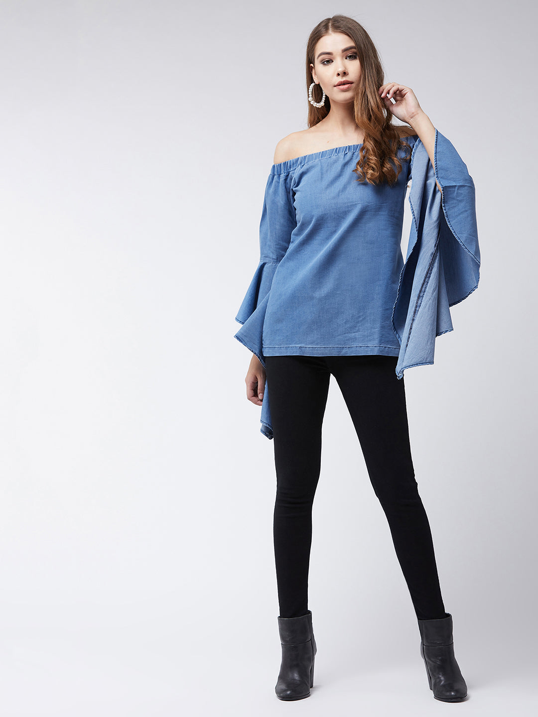 Women's Blue Off-Shoulder Ruffled Full Sleeves Solid Denim Top