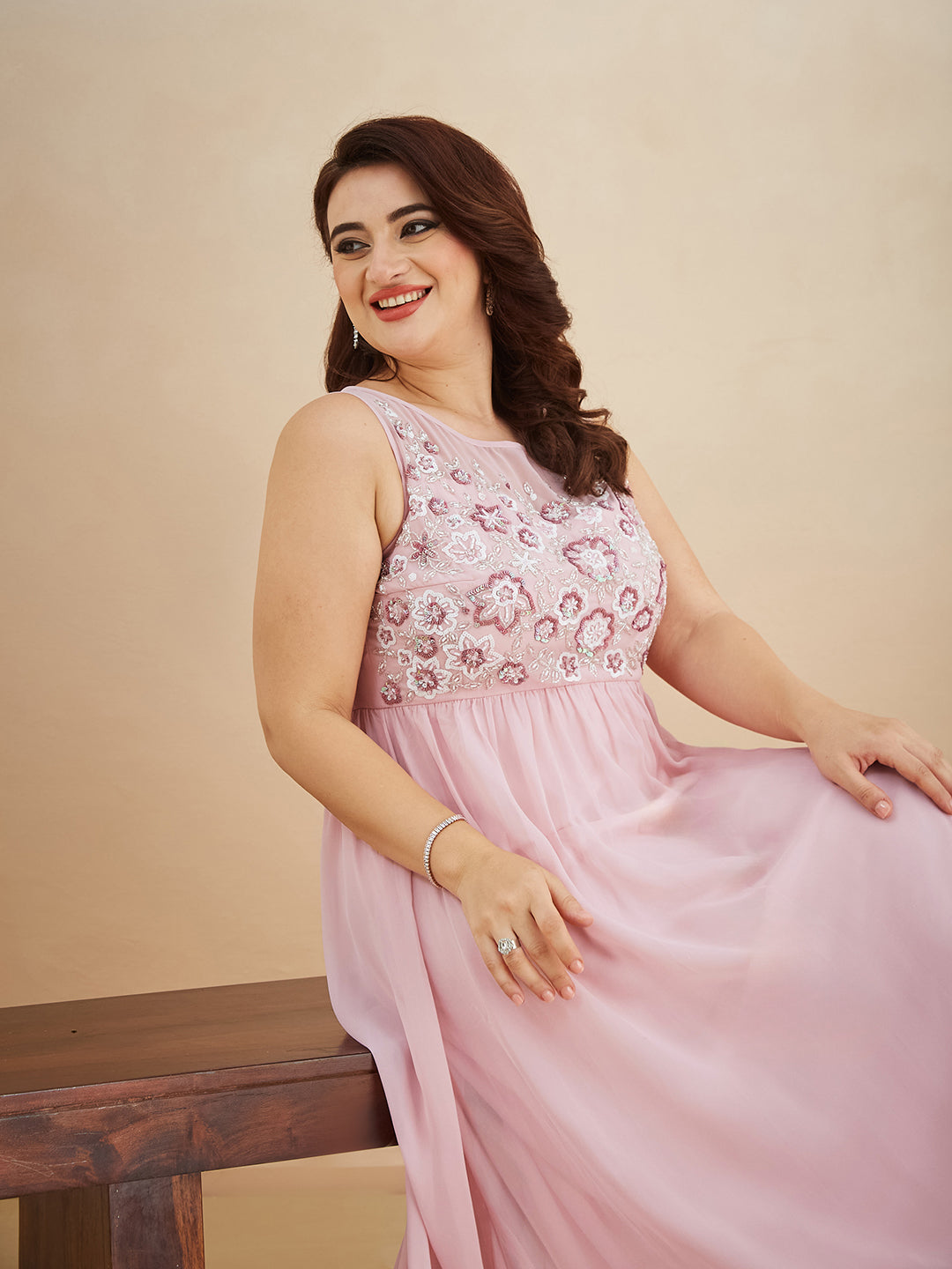 Dusty Pink Boat Neck Sleeveless Embellished Gathered Regular Dress for Women
