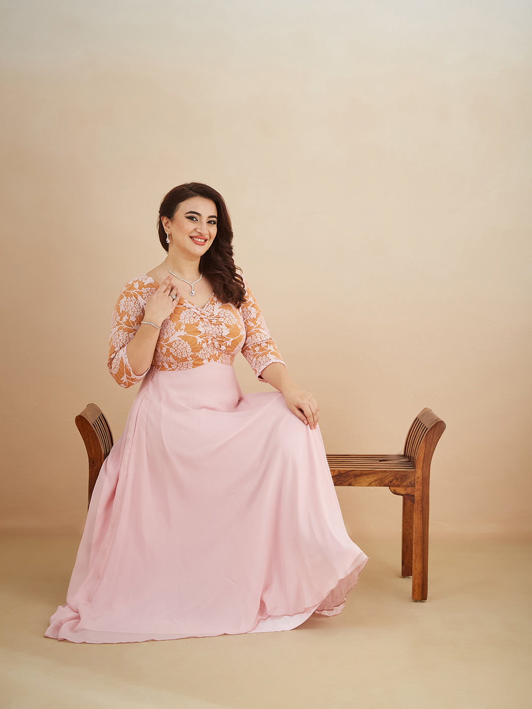 Dusty Pink V-Neck Raglan-Sleeve Self-Designed Empire-Styled Georgette Maxi Dress for Women