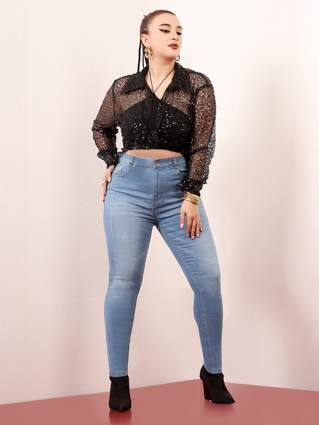 Women's Blue Skinny High-Rise Mild-Distress Stretchable Denim Jeans
