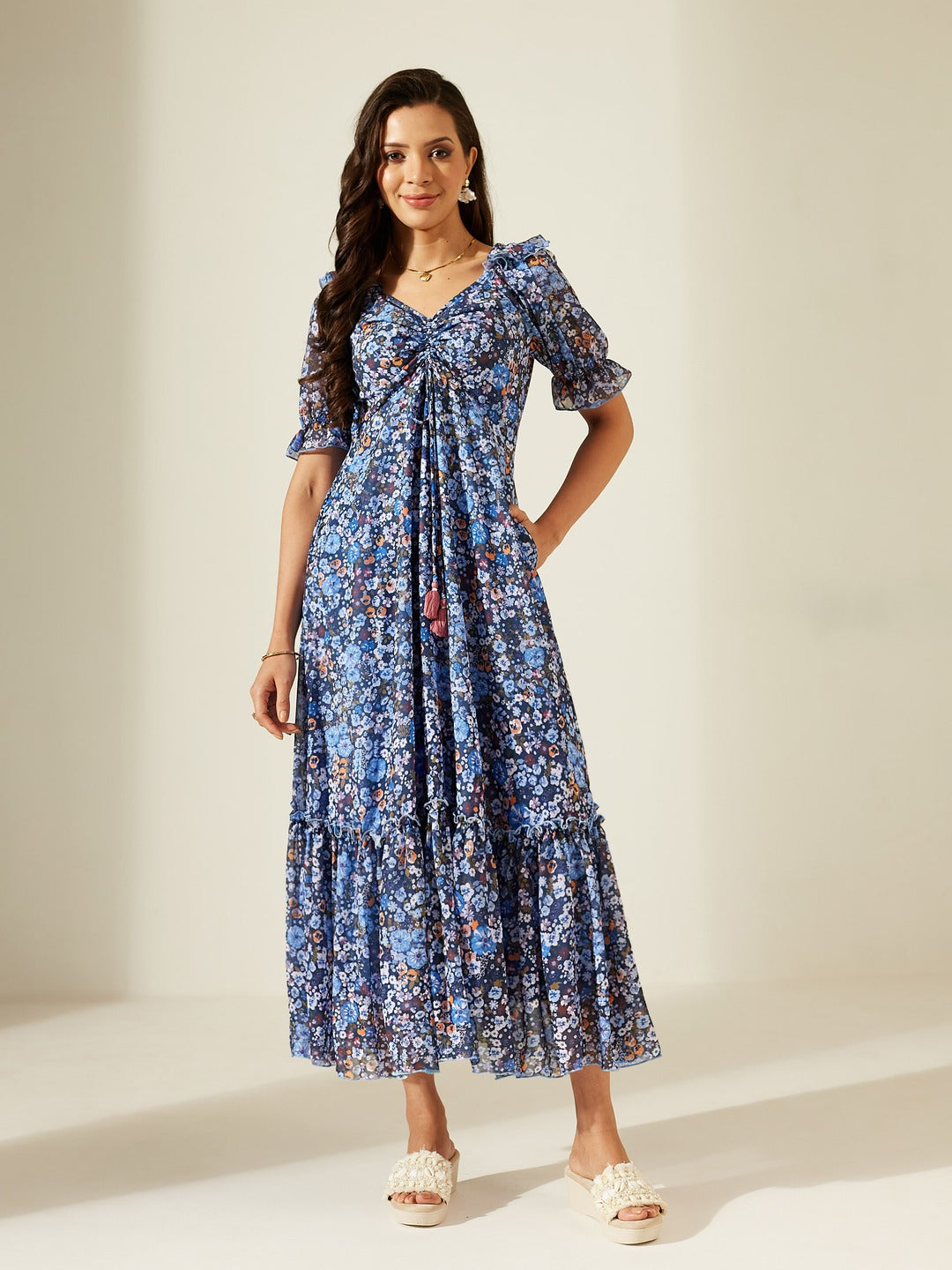 Navy Blue V-Neck Puff Sleeve Floral Ruching Ankle-Length Dress for Women