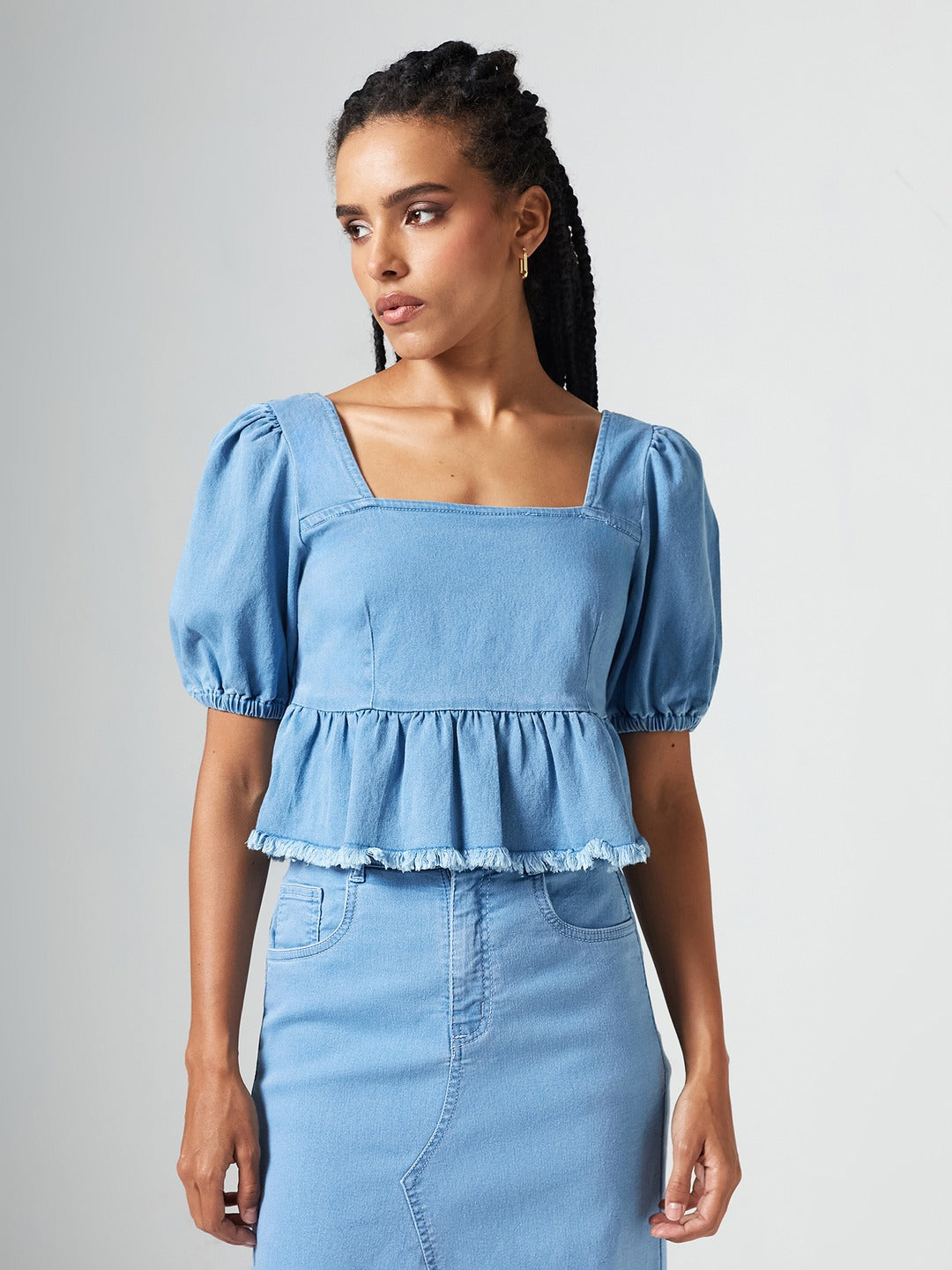 Light Blue Square-Neck Puff-Sleeve Peplum-Styled Denim Cropped Top for Women