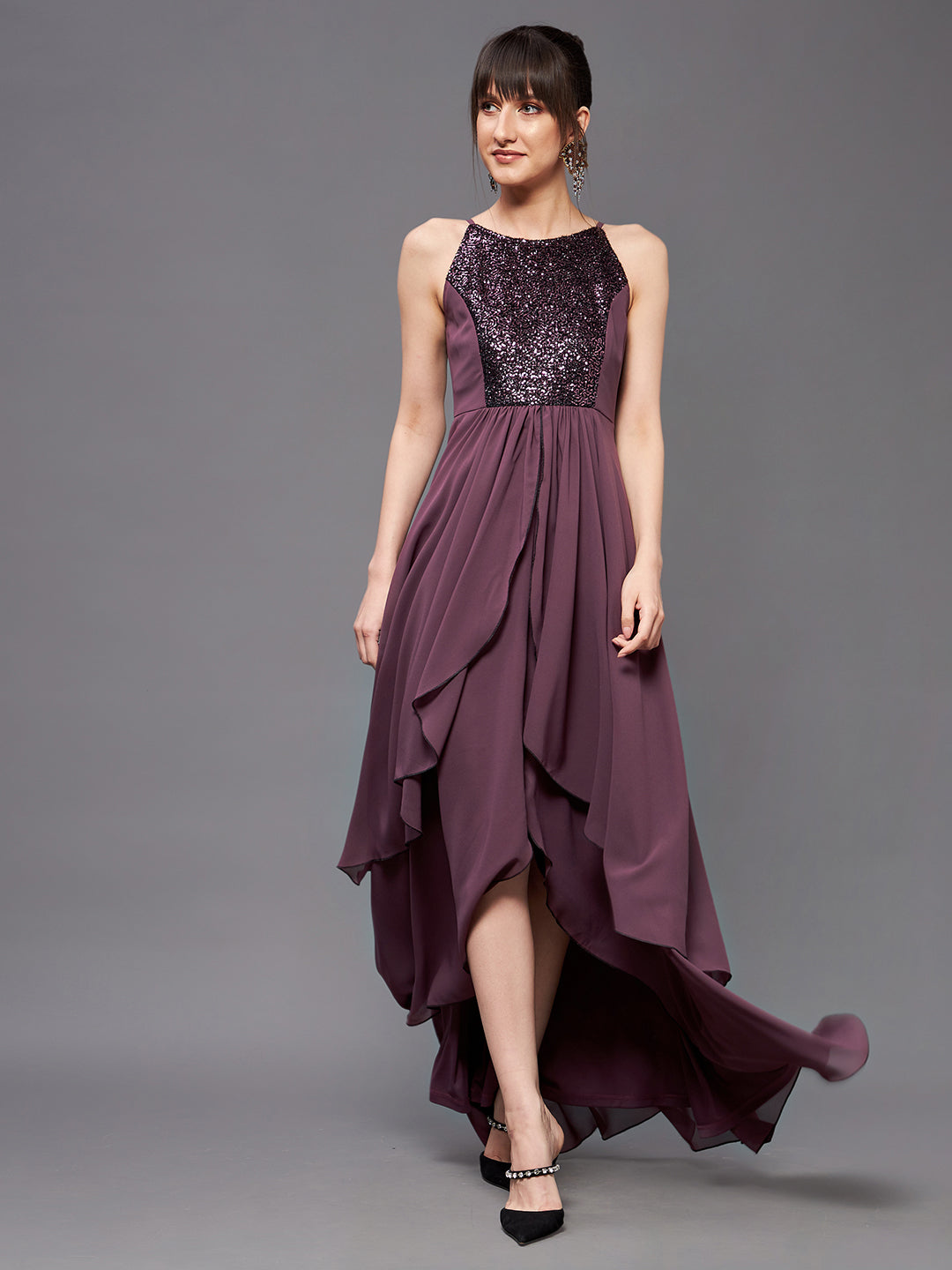 Women's Mauve Halter Neck Sleeveless Sequined Layered Party Maxi Dress