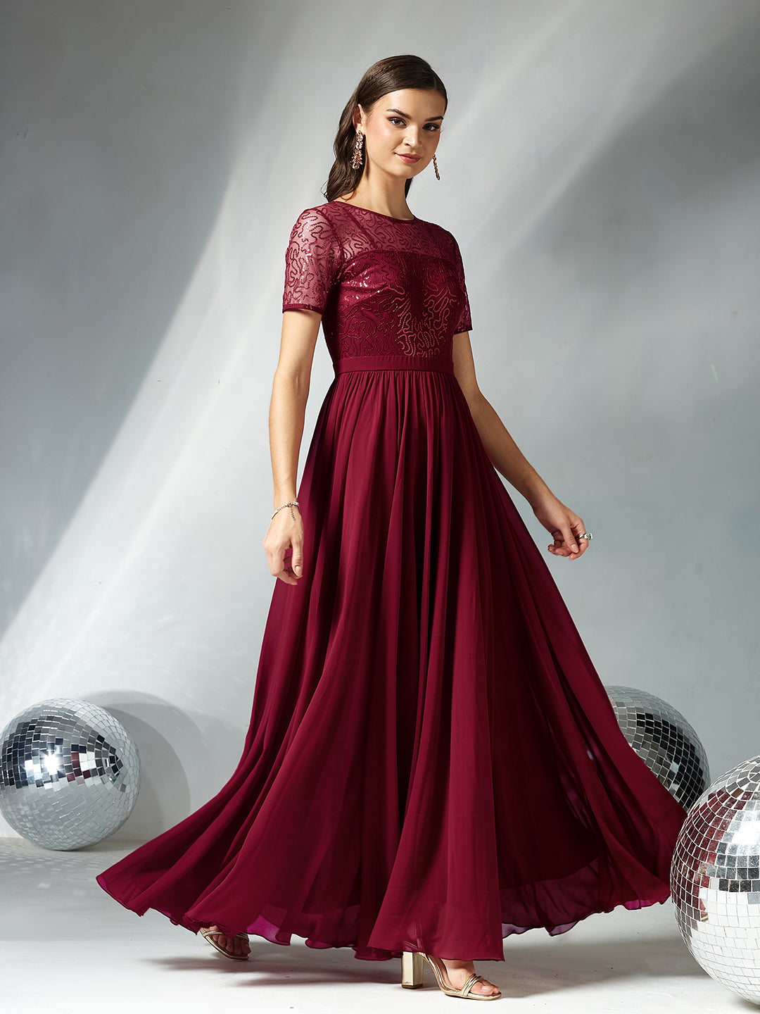 Maroon Relaxed Fit Maxi Georgette & Sequins Dress for Women