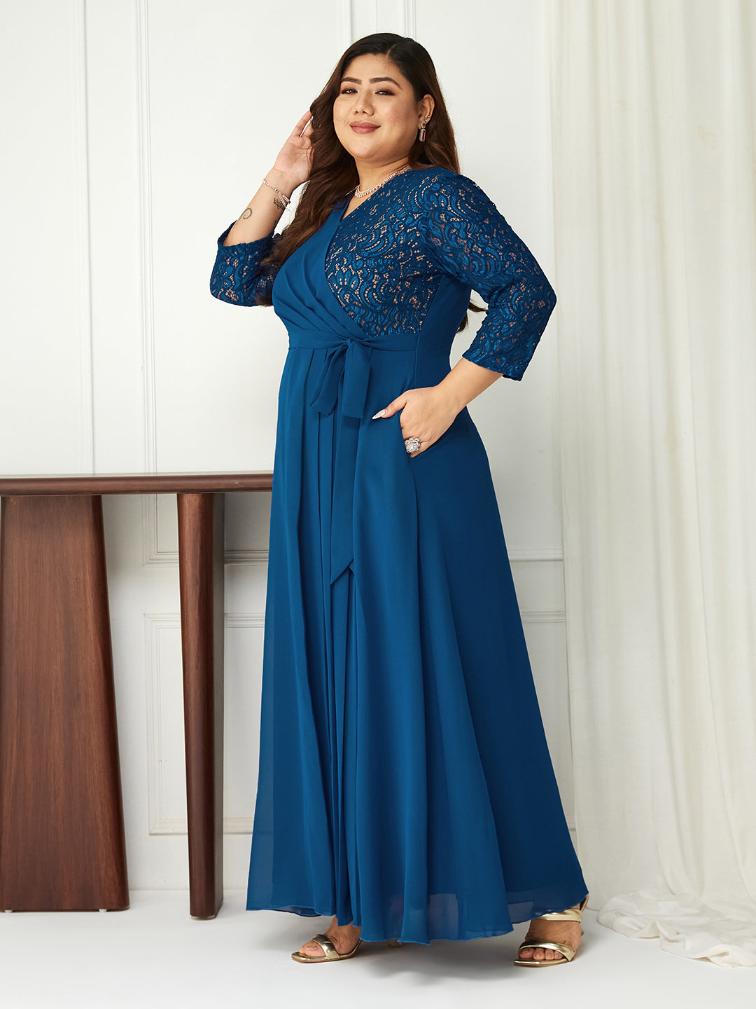 Women's Royal Blue V-Neck 3/4 Sleeve Wrap Georgette Maxi Dress