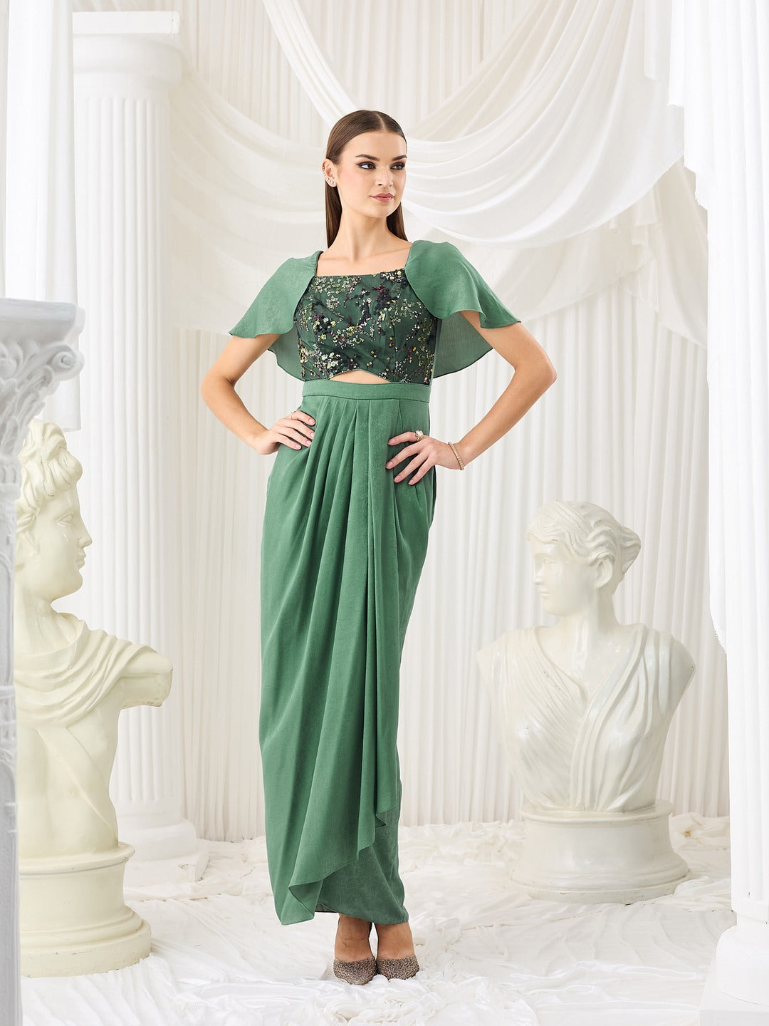 Siege Green Sweetheart-Neck Cape Embellished Draped Satin Maxi Dress for Women