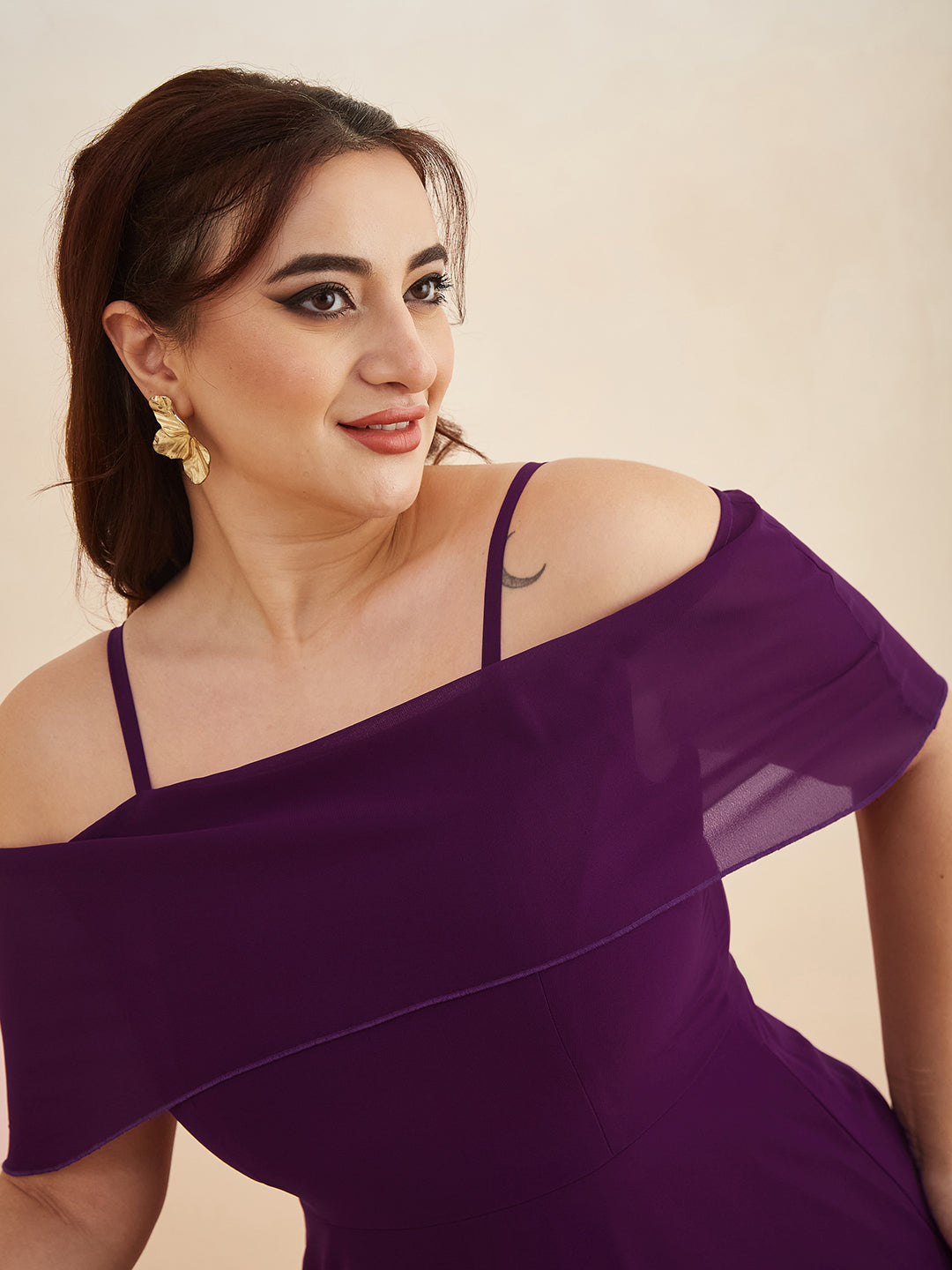 Purple Bardot Style Sleeveless Spaghetti Strap Solid Off Shoulder Midi Skater Dress for Women