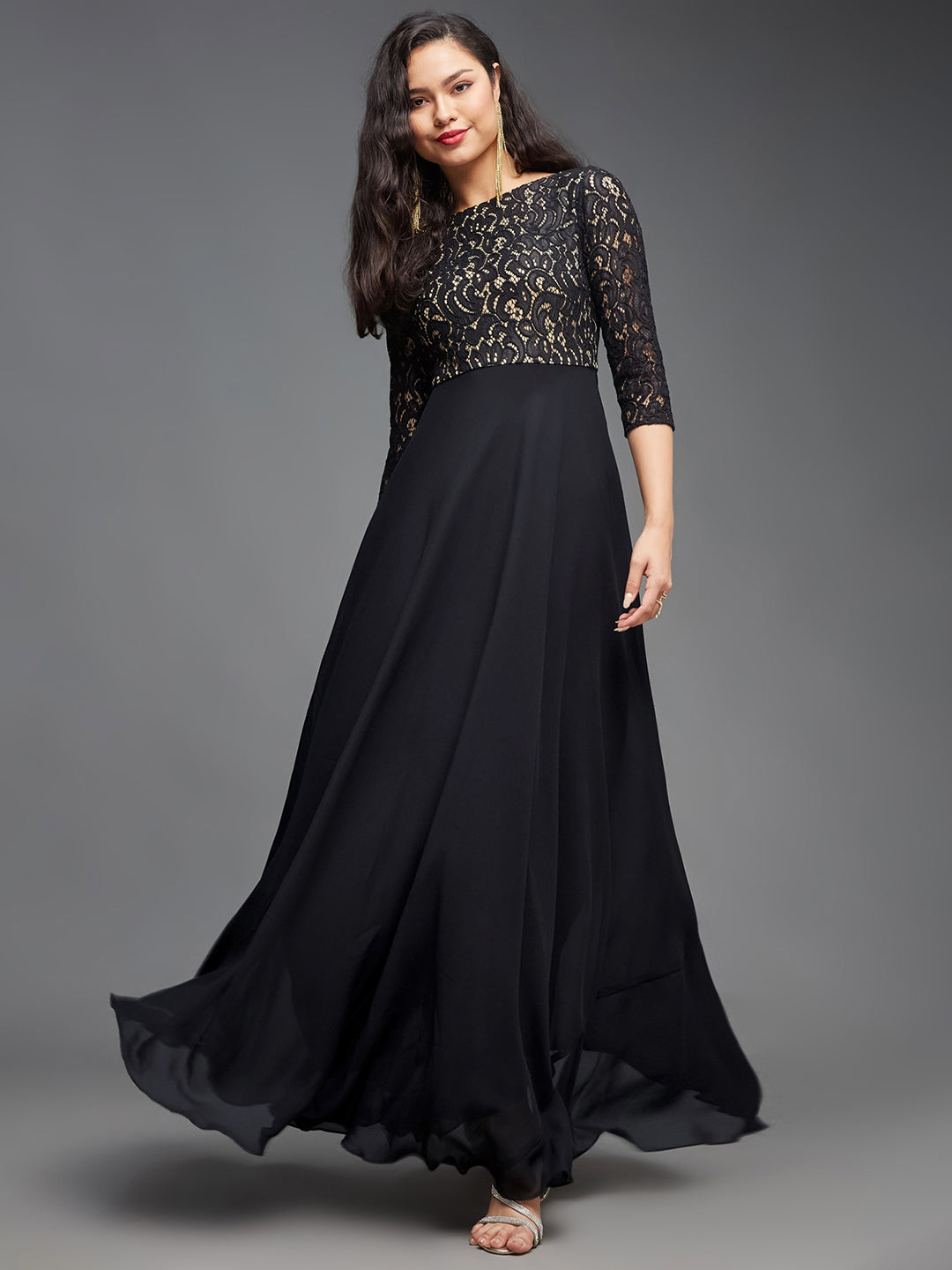 Women's Black Boat Neck Three-Quarter Sleeve Self-Designed Fit and Flare Georgette Maxi Dress