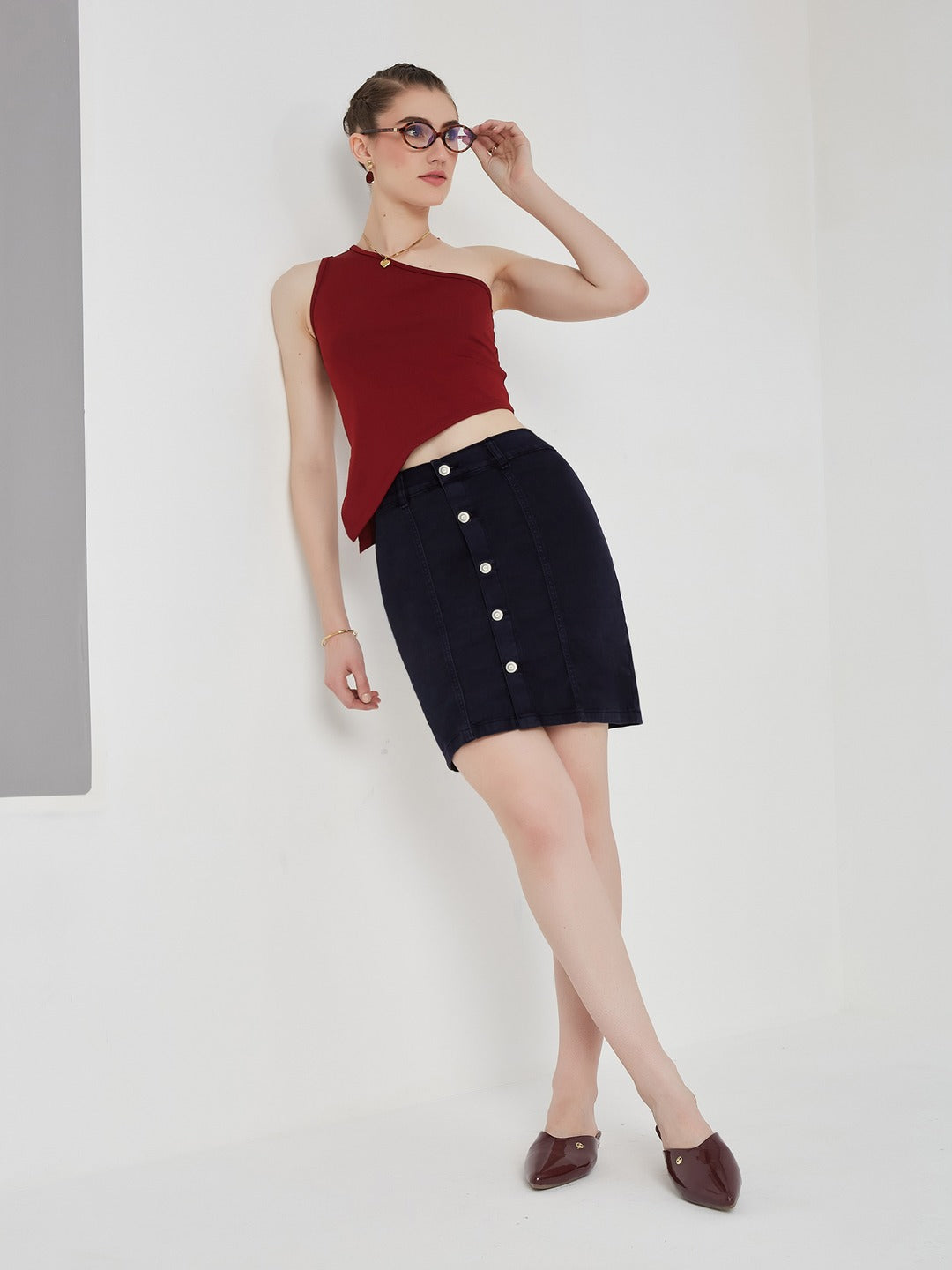 Navy Blue Stretchable Solid A-line Mini Denim Skirt for Women