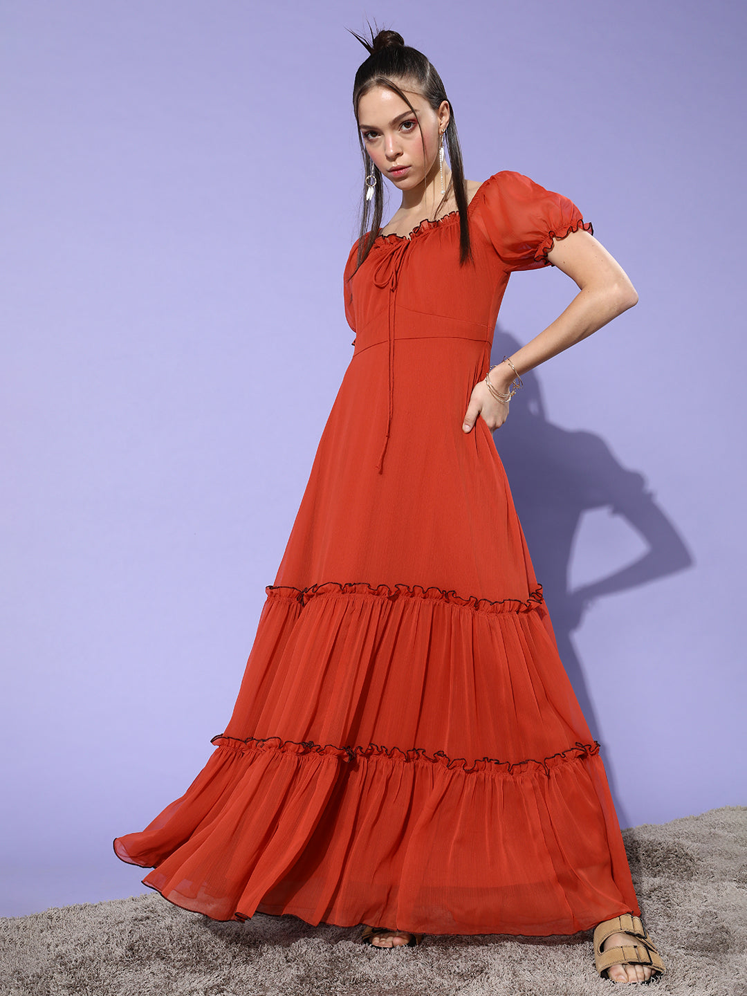 Women's Rust Square Puff Sleeve Solid Tiered Maxi Dress