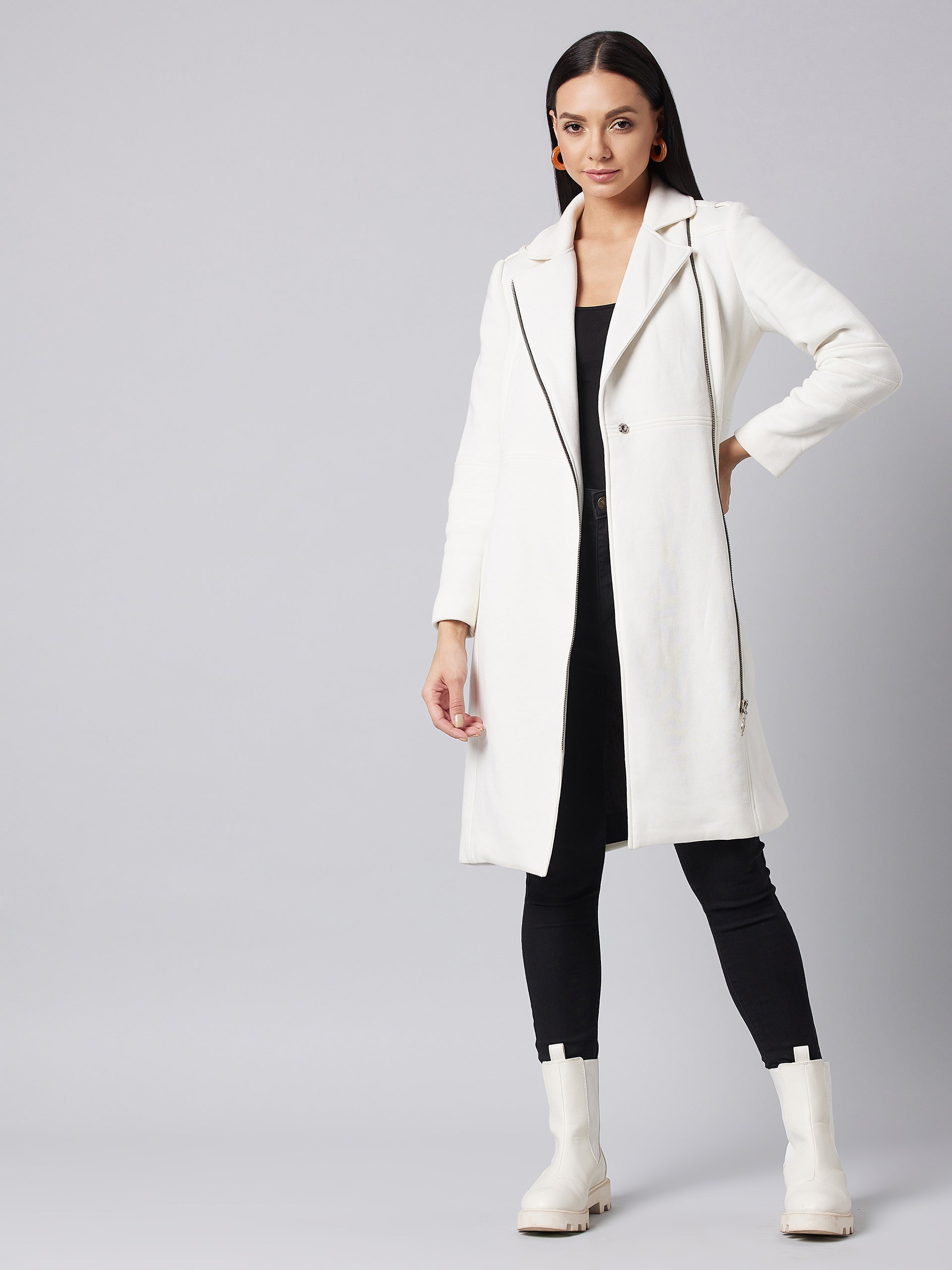 Women's Off-White Notch Collar Multi Panelled Full Sleeve Solid Double Breasted Knee Length Jacket