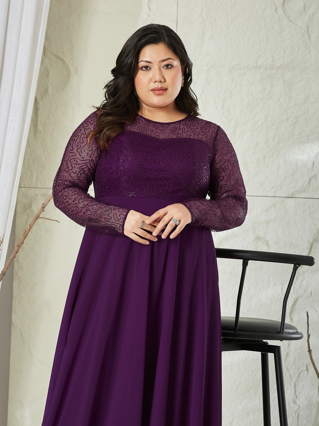 Dark Purple Solid Embellished Maxi Dress for Women