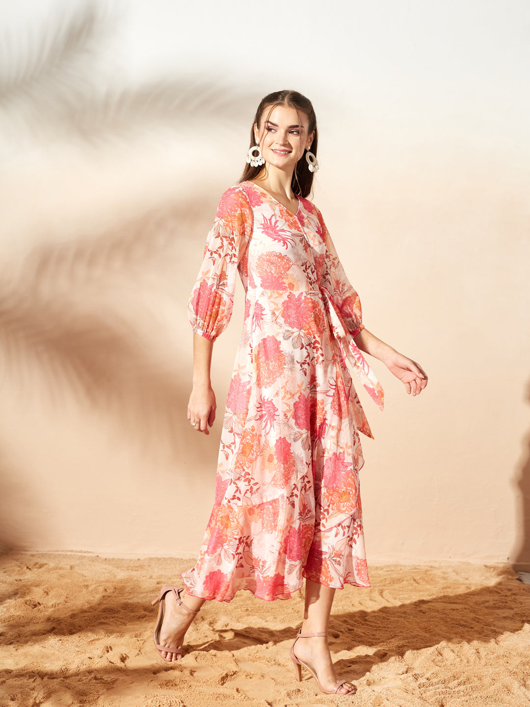 Women’s Multicolored Light Peach Floral V-Neck 3/4 Sleeve Wrap Midi Chiffon Dress for Women