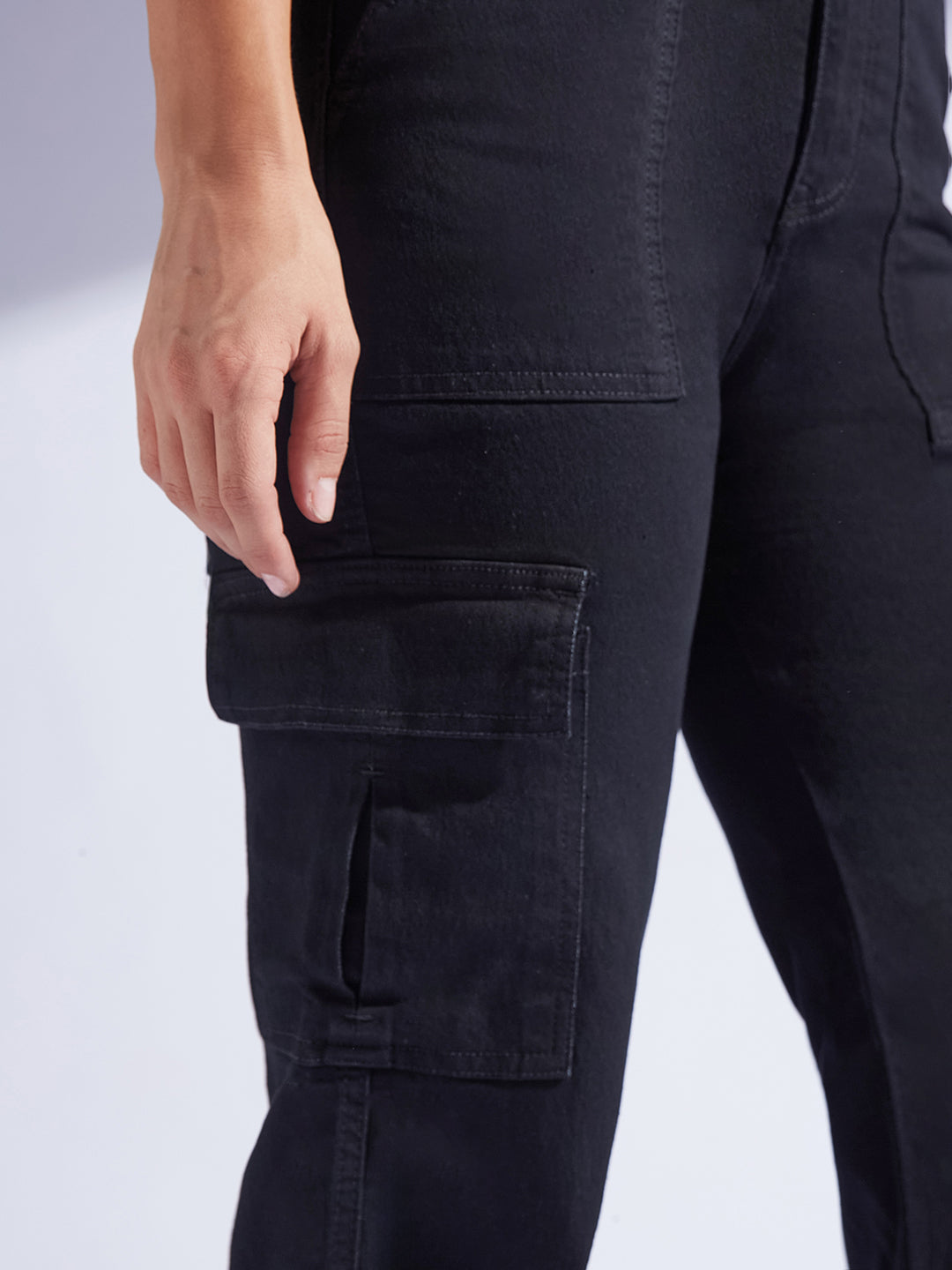 Women's Black Wide-Leg High-Rise Stretchable Denim Cargo Jeans