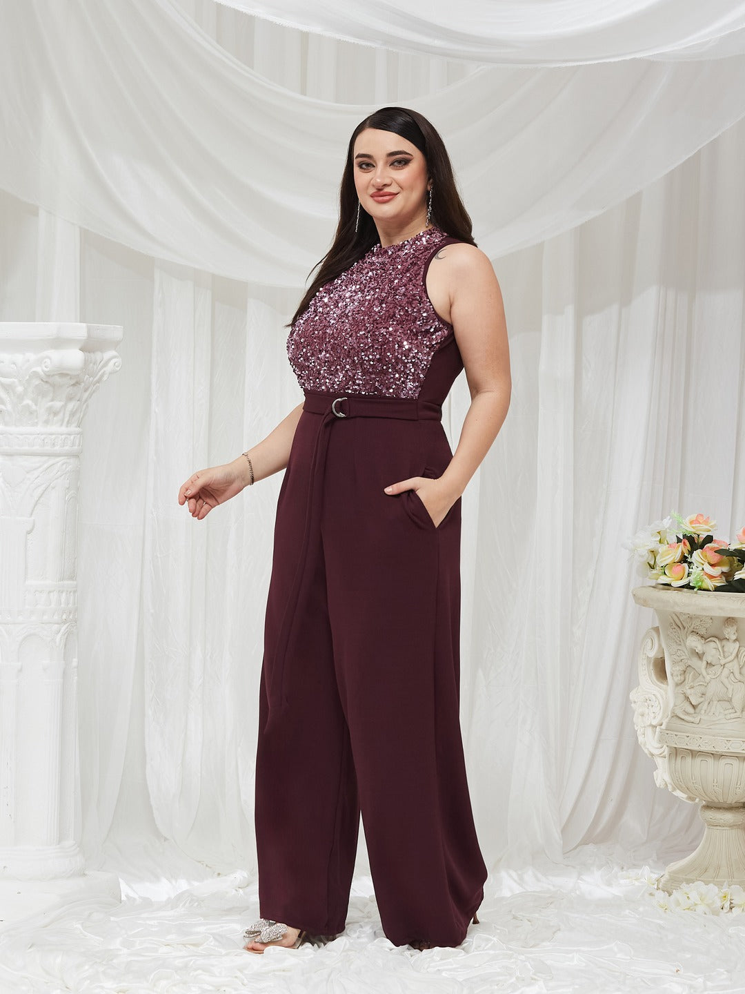 Dark Purple Halter Neck Sleeveless Embellished Regular-Length Jumpsuit for Women
