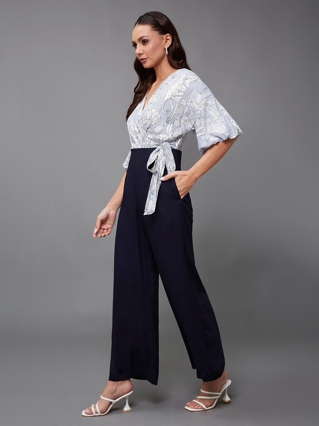 Women's Multicolored Base Navy Blue V-Neck 3/4 Sleeve Floral Wrap-Styled Jumpsuit