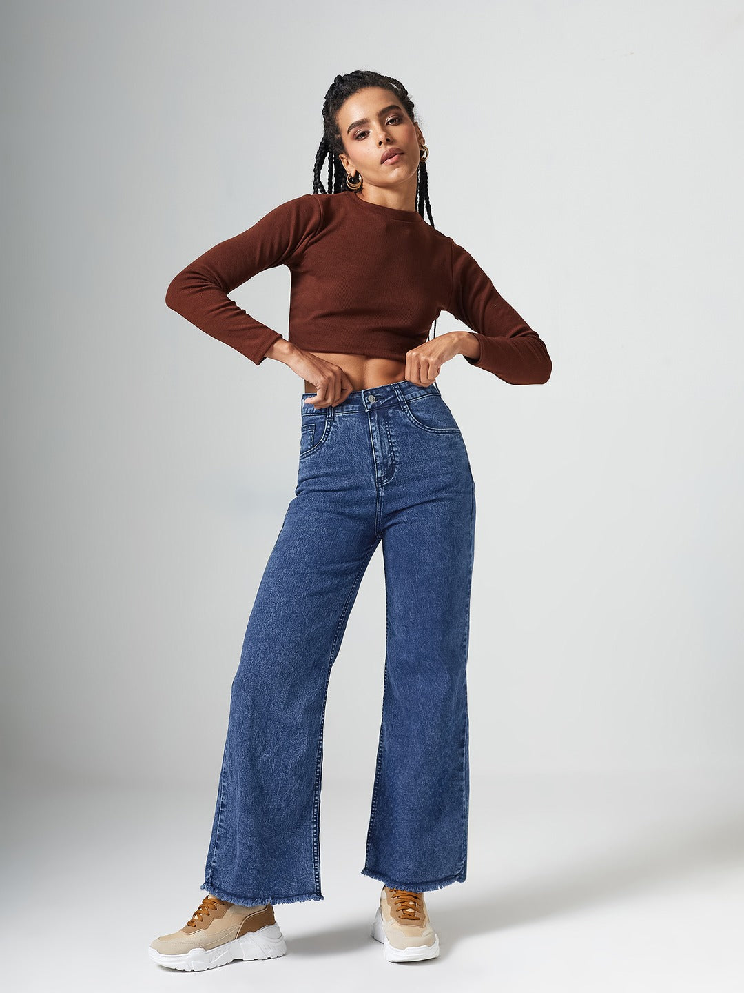 Navy-Blue Wide-Leg High Rise Regular-Length Stretchable Denim Jeans for Women