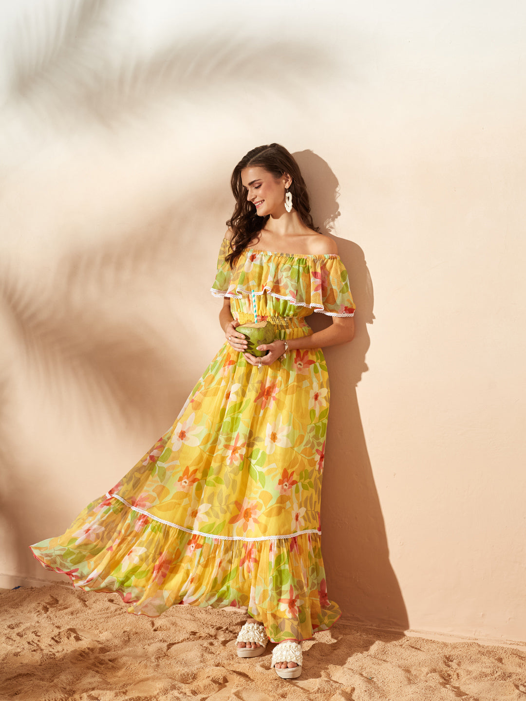 Butter Yellow Square Neck Cape Floral Tiered Maxi Chiffon Dress for Women — Miss Chase