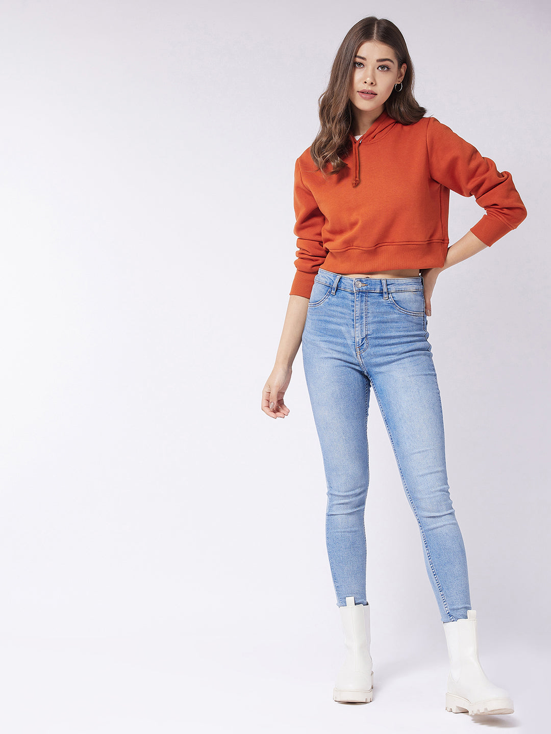 Women's Rust Round Neck Full Sleeve Solid Crop Sweatshirt