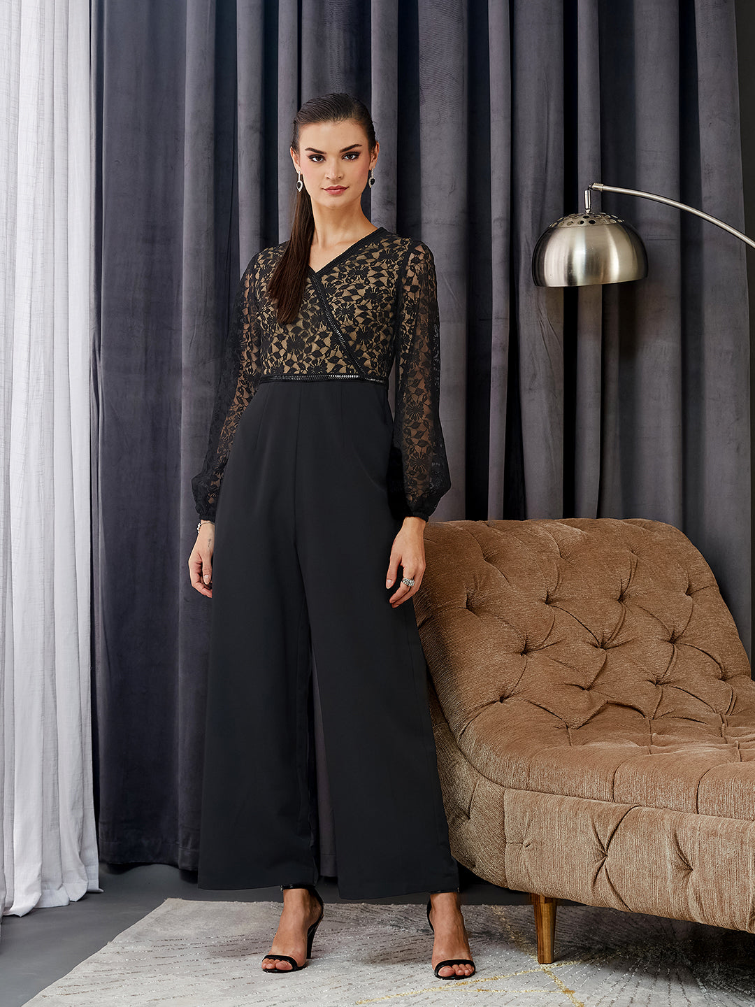 Black Self-Design Crepe V-Neck Jumpsuit with Balloon Sleeves and Lace Detailing for Women