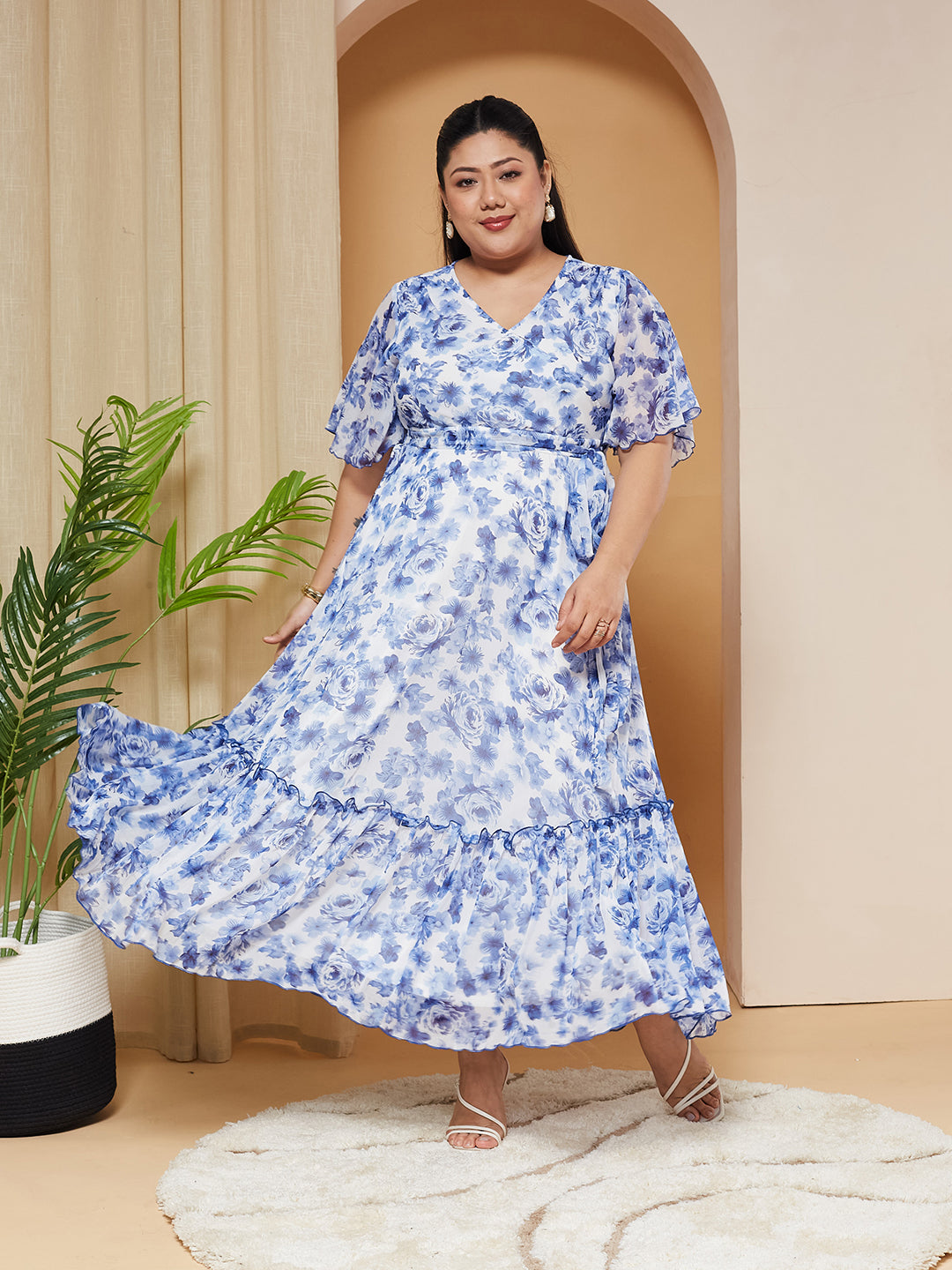 Multicolored Floral Wrap Chiffon Maxi Dress with White Base & Flutter-Sleeves for Women