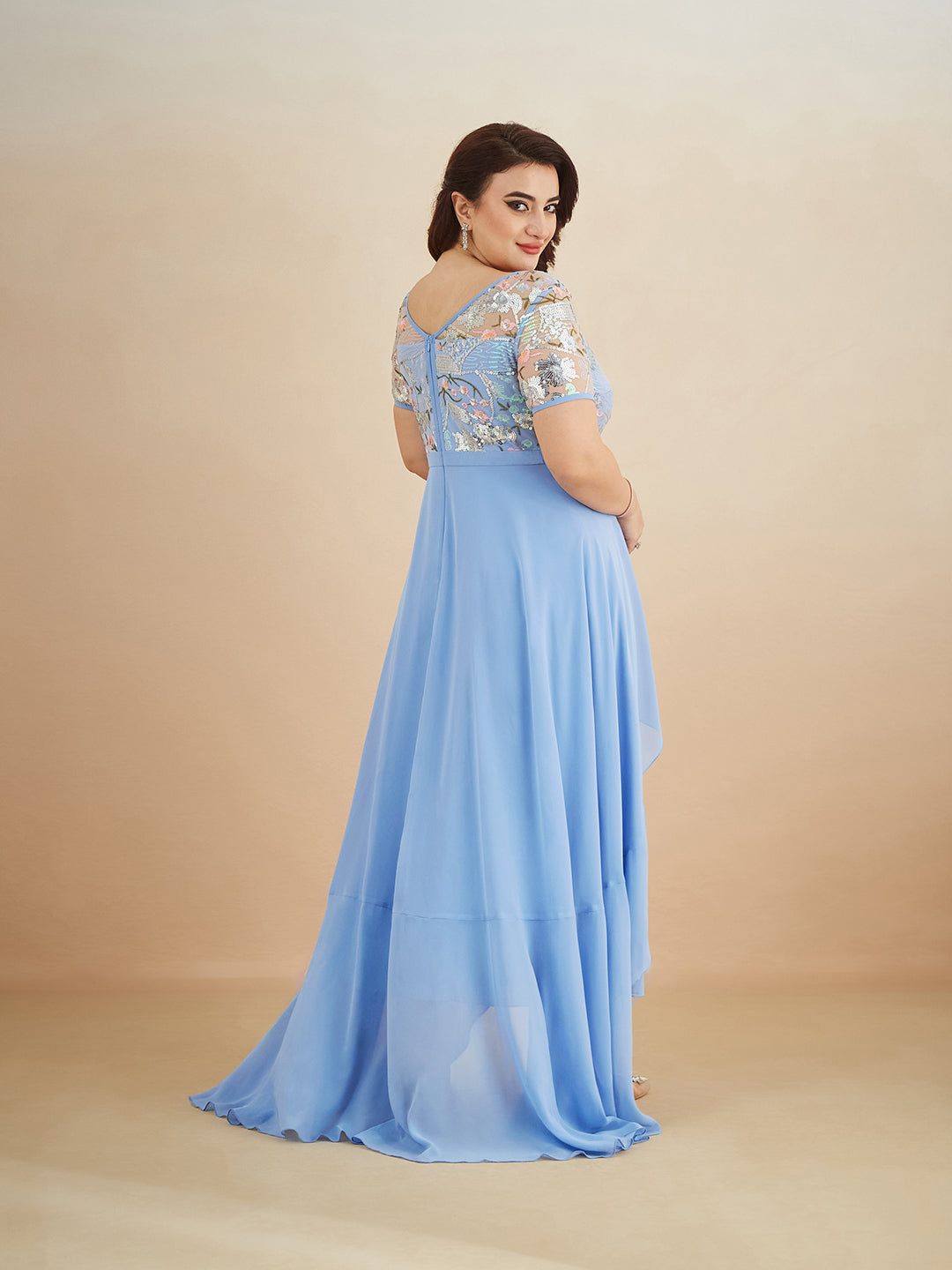 Multicolored-Base-Sky Blue Round Neck Short Sleeve Floral Layered Georgette Midi Dress for Women